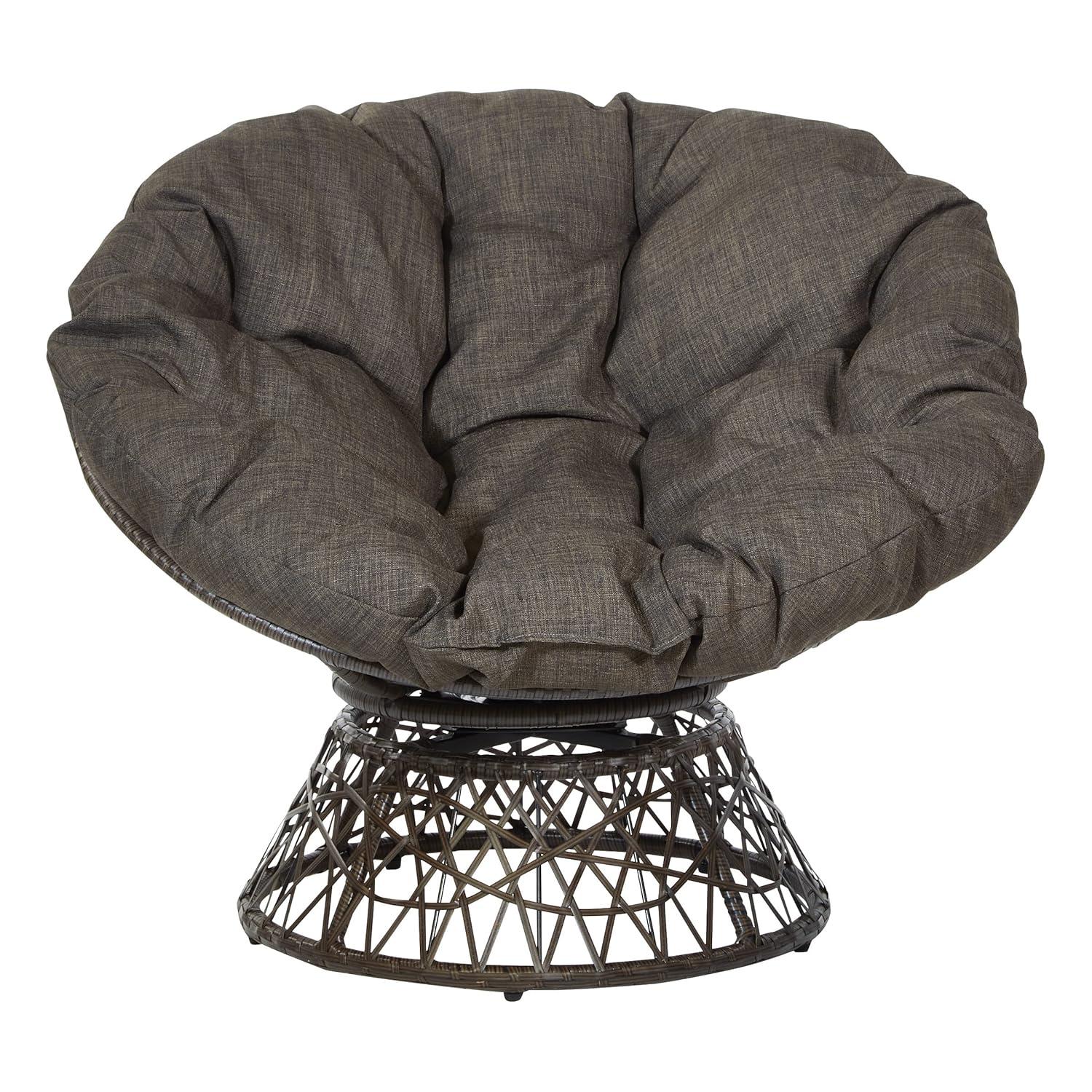 OSP Home Furnishings Papasan Chair Brown: Upholstered, Swivel, Reading & Dorm Saucer Chair with Cushion