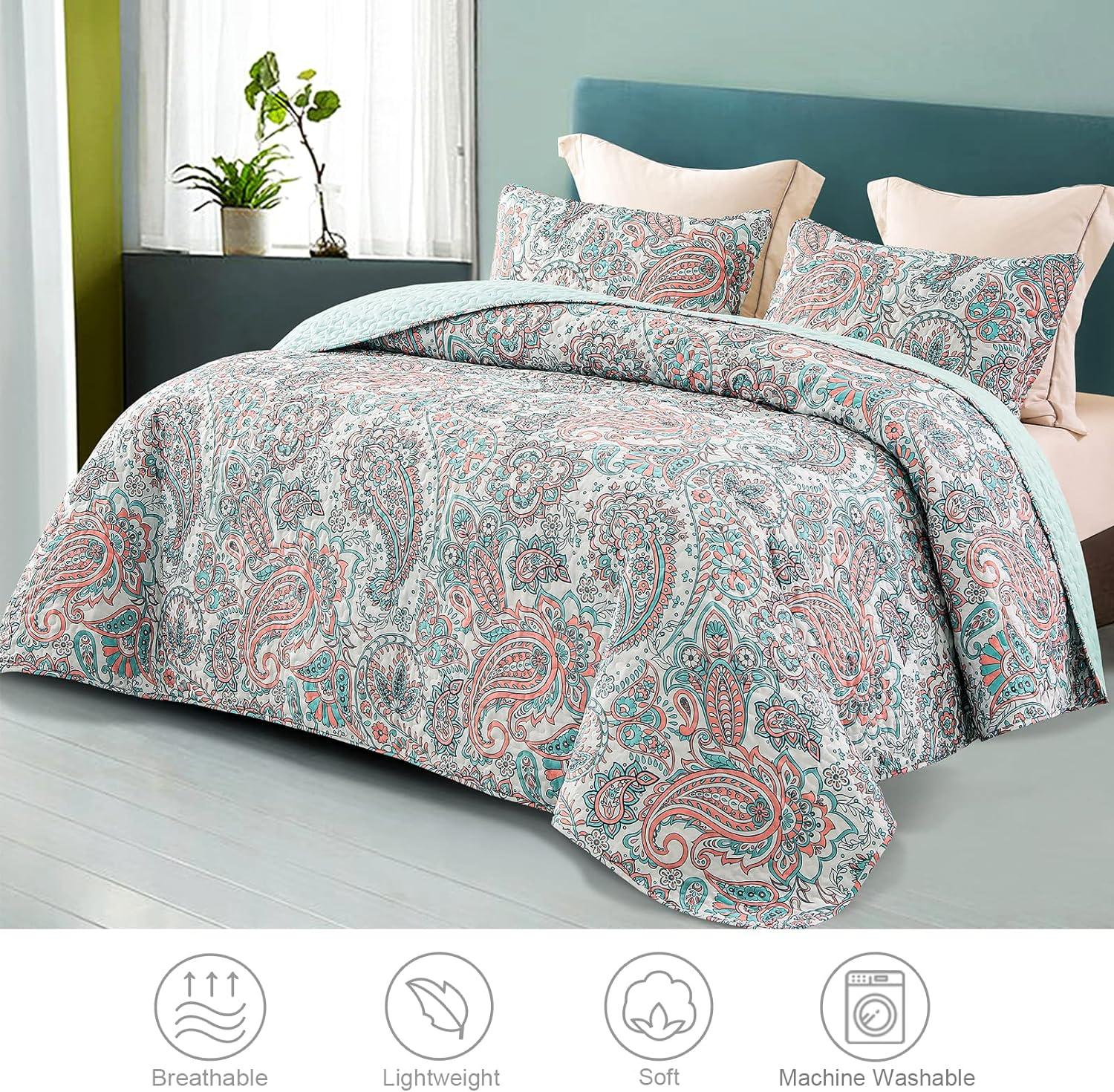 Exclusivo Mezcla Paisley Aqua Quilt Set King Size, 3-Piece Reversible Quilt Bedding Set, Lightweight and Soft Bedspread Coverlets