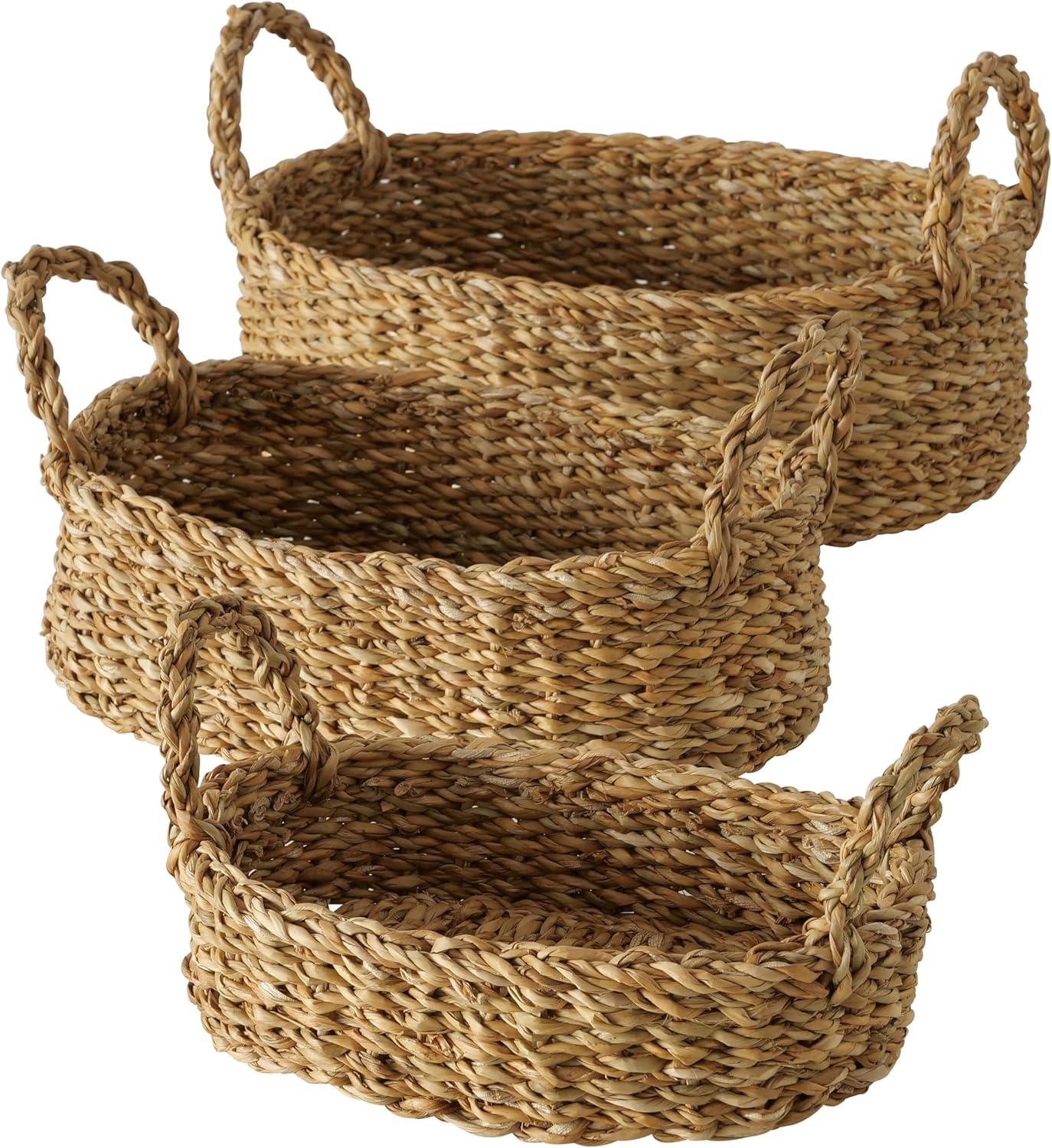 Seagrass Baskets, Set of 3, Thick Chunky Sweater Weave, Decorative Vanity Organizers, Closet Storage Bins, Oval, 13.75, 11.75, and 9.5 Inches