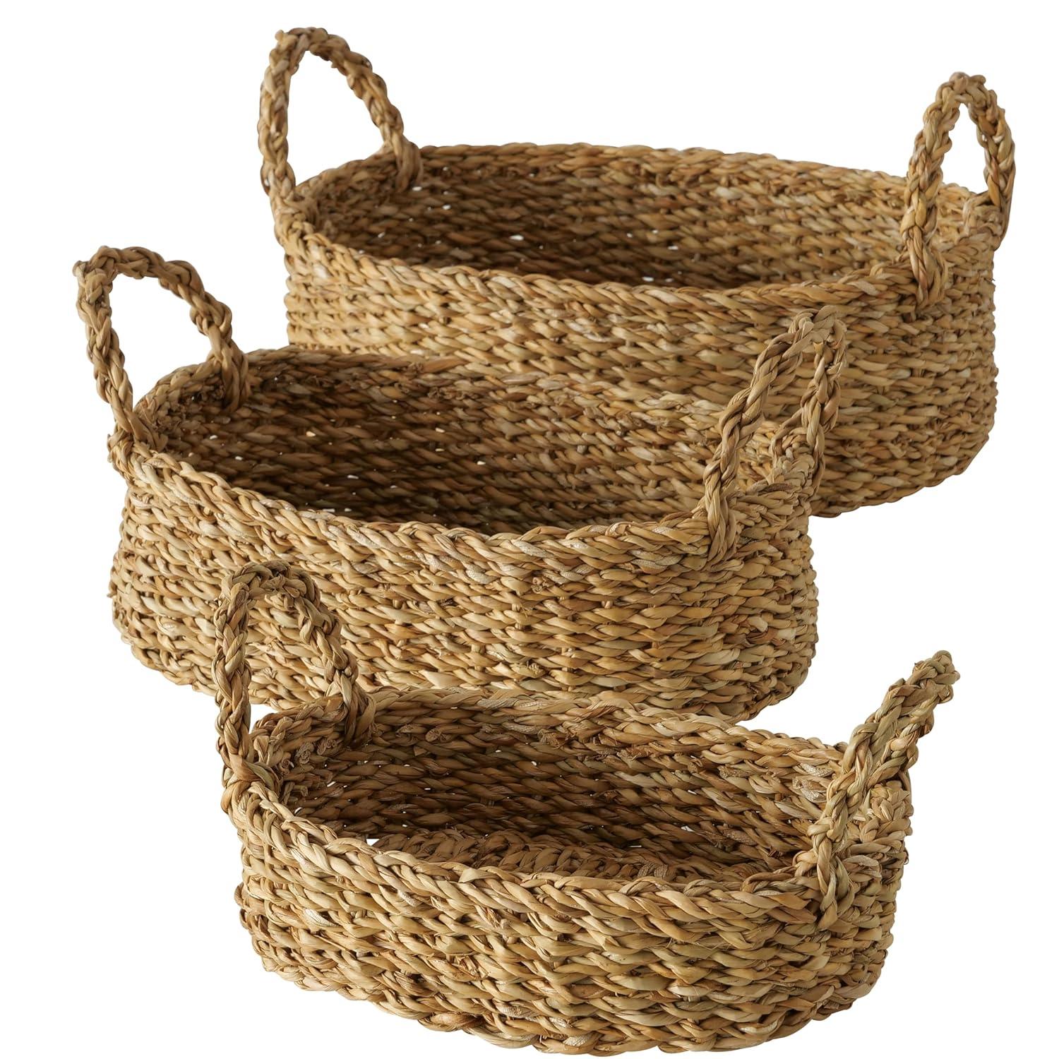 Seagrass Baskets, Set of 3, Thick Chunky Sweater Weave, Decorative Vanity Organizers, Closet Storage Bins, Oval, 13.75, 11.75, and 9.5 Inches