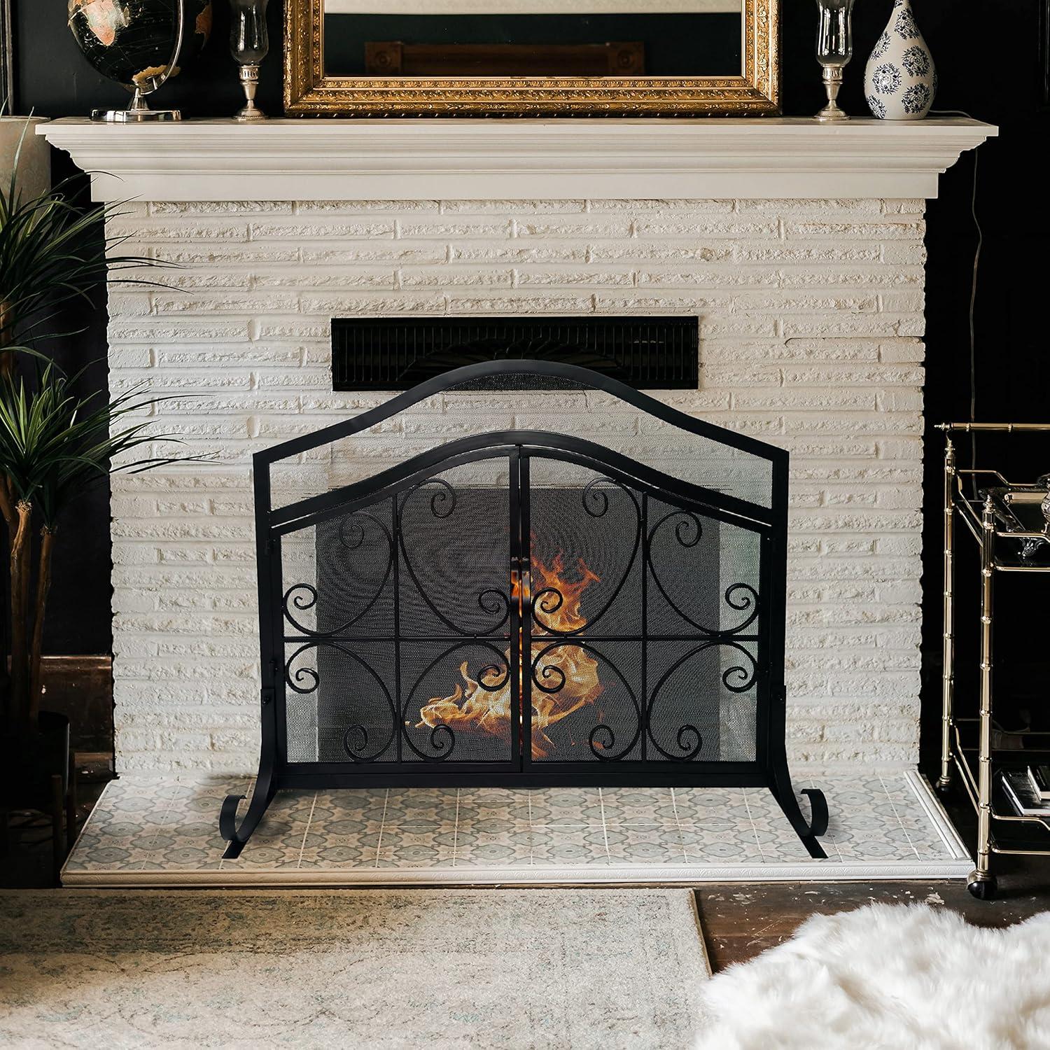 The Urban Port UPT-232048 43 in. Mesh Design Scrollwork 2 Door Iron Fireplace Screen, Black