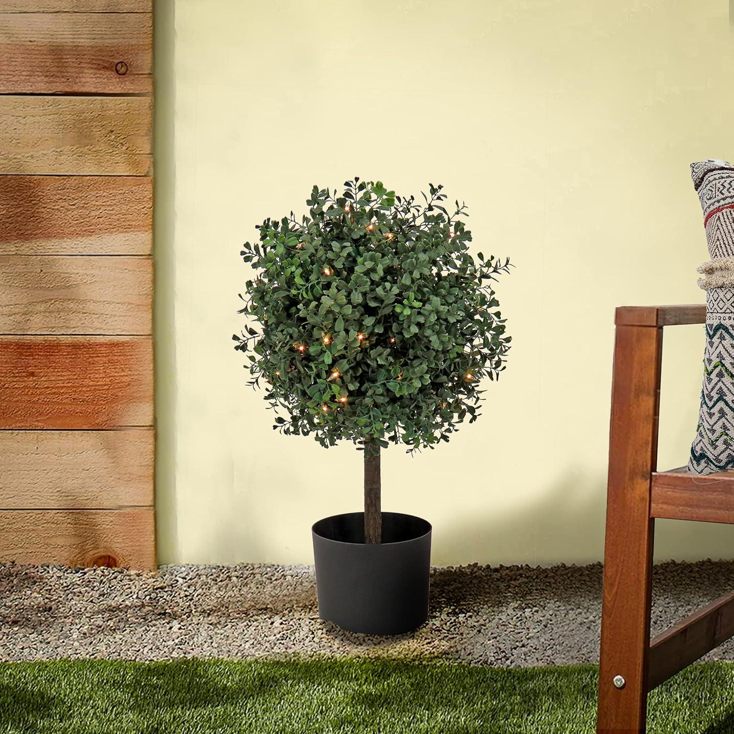 24" Green Plastic Boxwood Topiary with White Lights