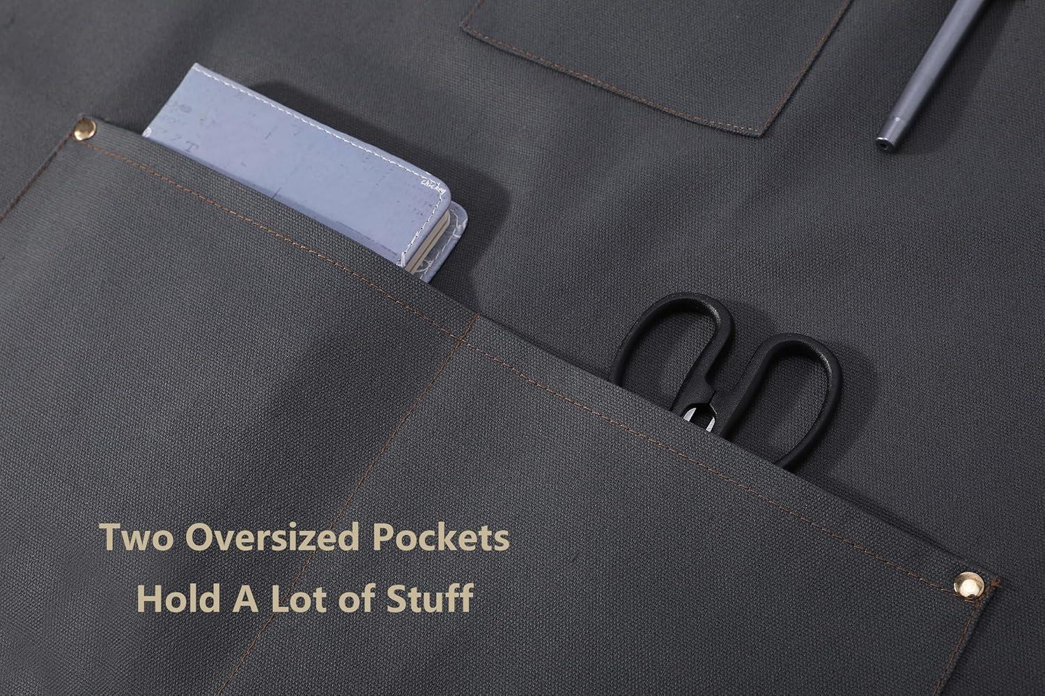 AFUN Chef Aprons for Men Women with Large Pockets, Cotton Canvas Cross Back Heavy Duty Adjustable Work Apron, Size M to XXL(Grey)