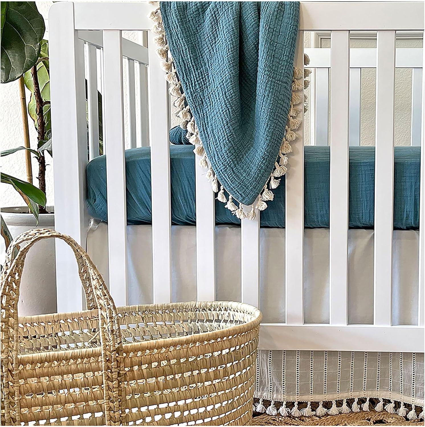 Riverstone Blue Cotton Muslin Baby Blanket with Fringe Trim