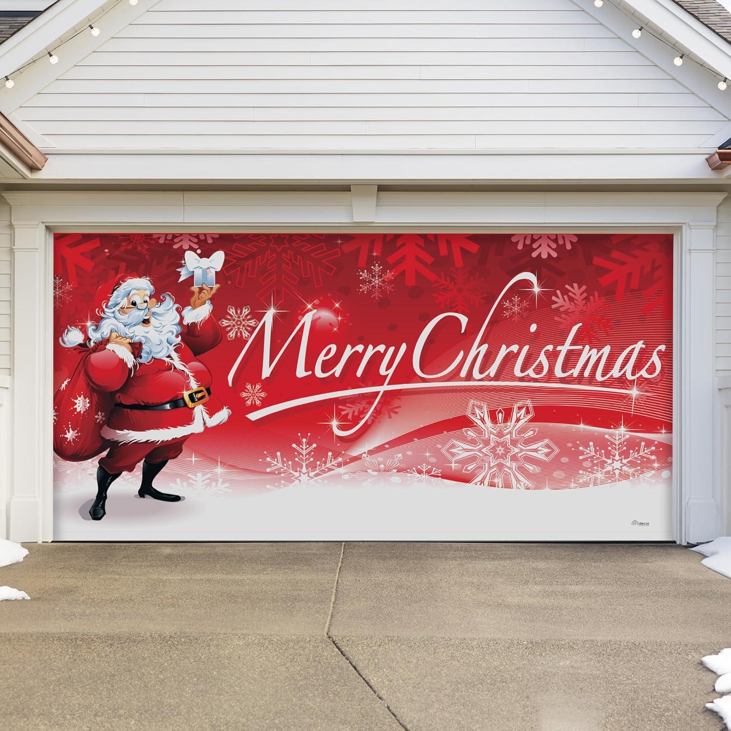 Garage Door Banner Cover 7 x 16 ft, Merry Christmas Santa Claus Carring Gifts Christmas Garage Door Decorations Holiday Christmas Backdrop Decor for Winter New Year Xmas Party
