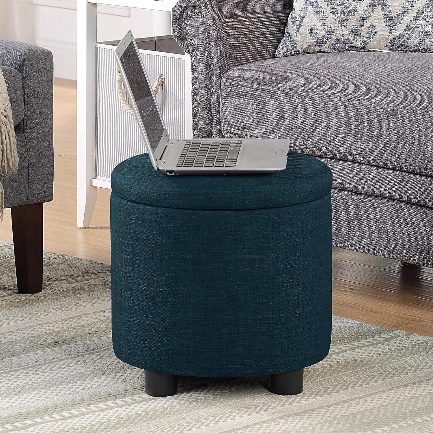 Designs4Comfort Round Accent Storage Ottoman with Reversible Tray Lid, Dark Blue Fabric
