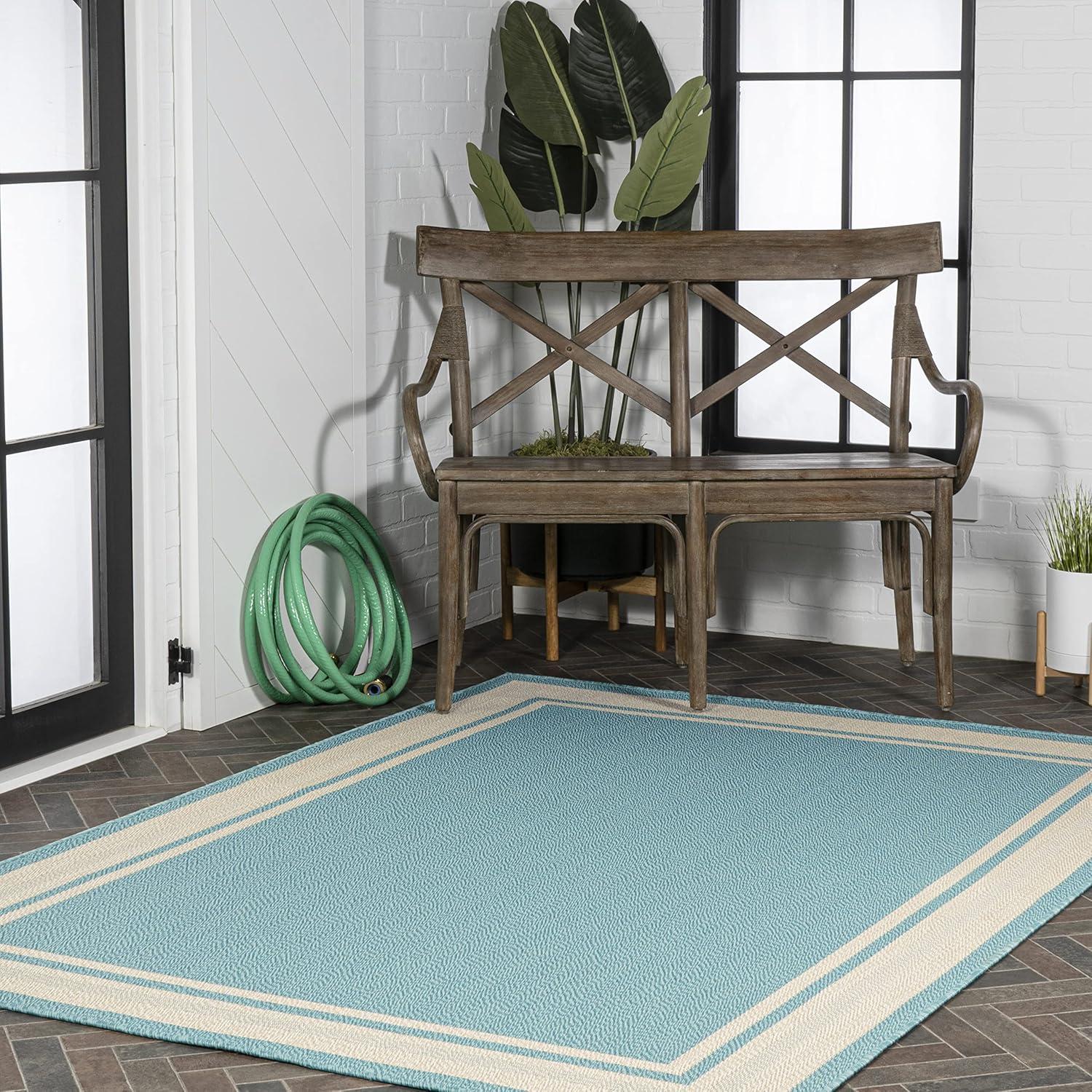 Aqua and Beige 3' x 5' Modern Stripe Synthetic Indoor/Outdoor Rug