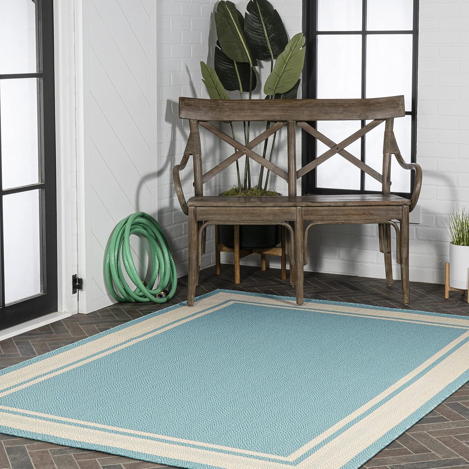 5' x 8' James Modern Border Stripe Indoor/Outdoor Area Rug, Aqua/Beige - JONATHAN Y