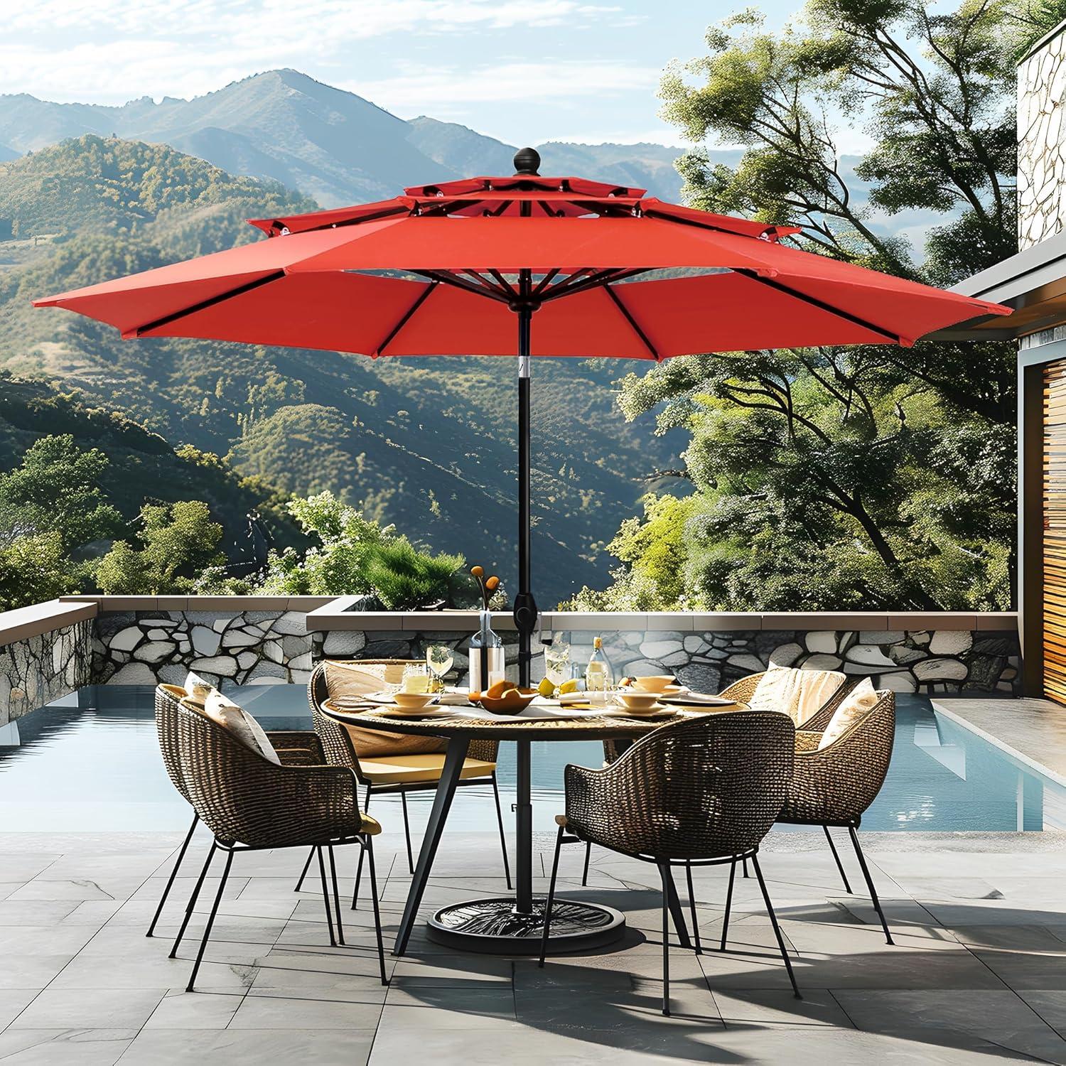 Summit Living 10ft Patio Umbrella 3-Tier Vented Outdoor Market Table Umbrella with Auto-Tilt – Orange Red