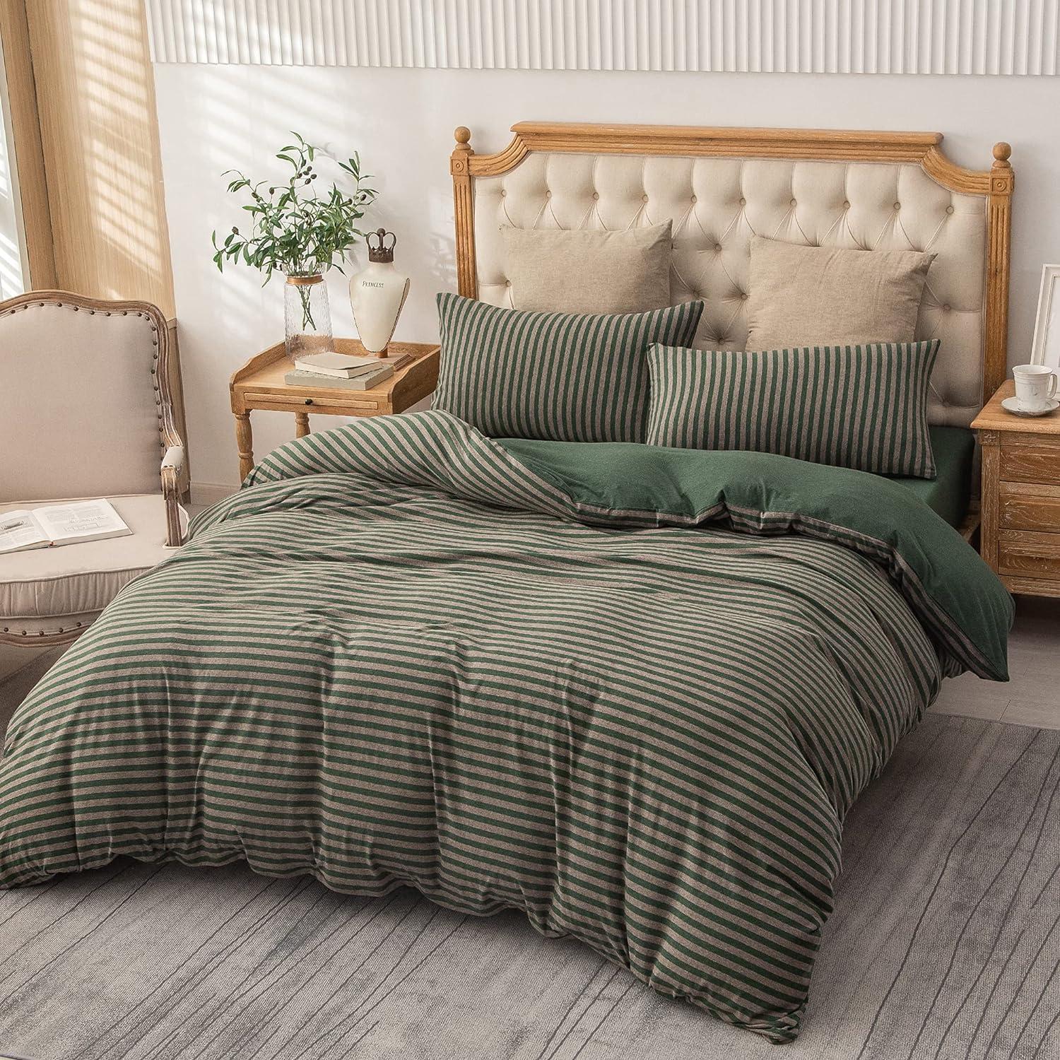 PURE ERA Forest Green Stripe Reversible 100% Jersey Cotton Duvet Cover bedding Set Soft Washable( Queen Size)