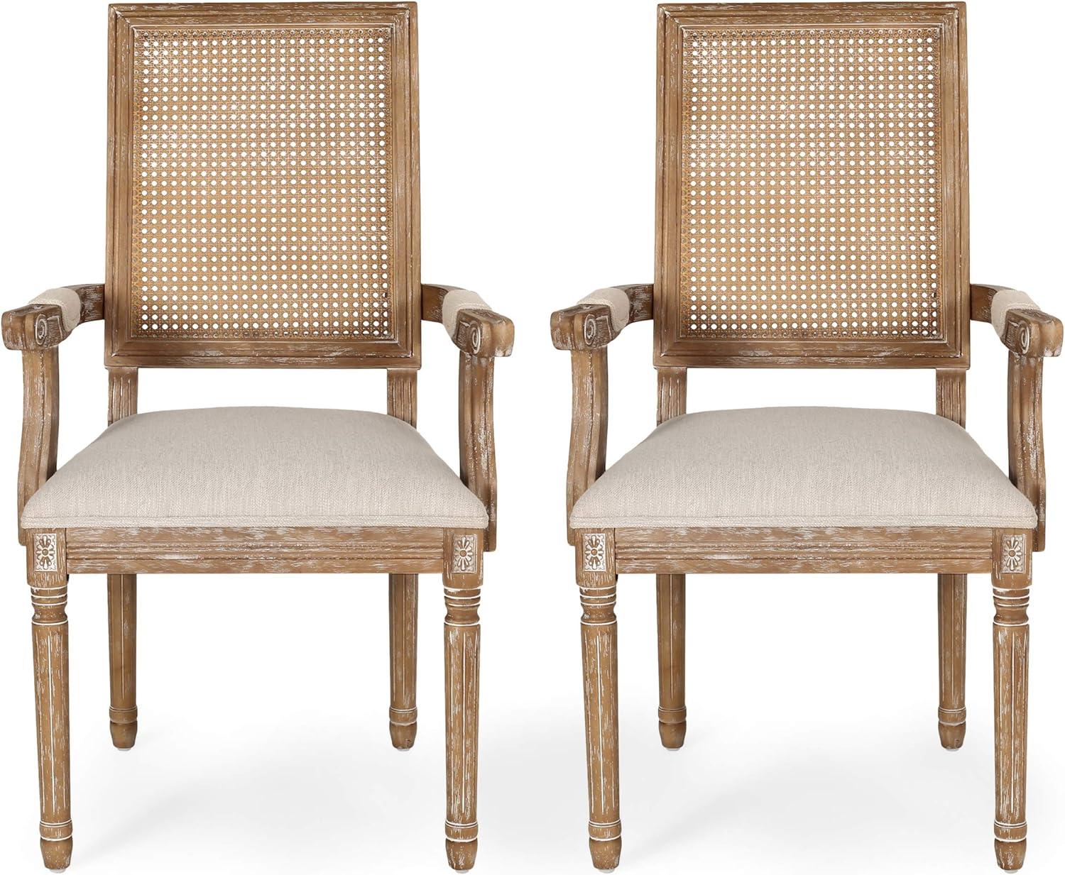 French Country Elegance Beige & Natural Wood Cane Upholstered Arm Chair