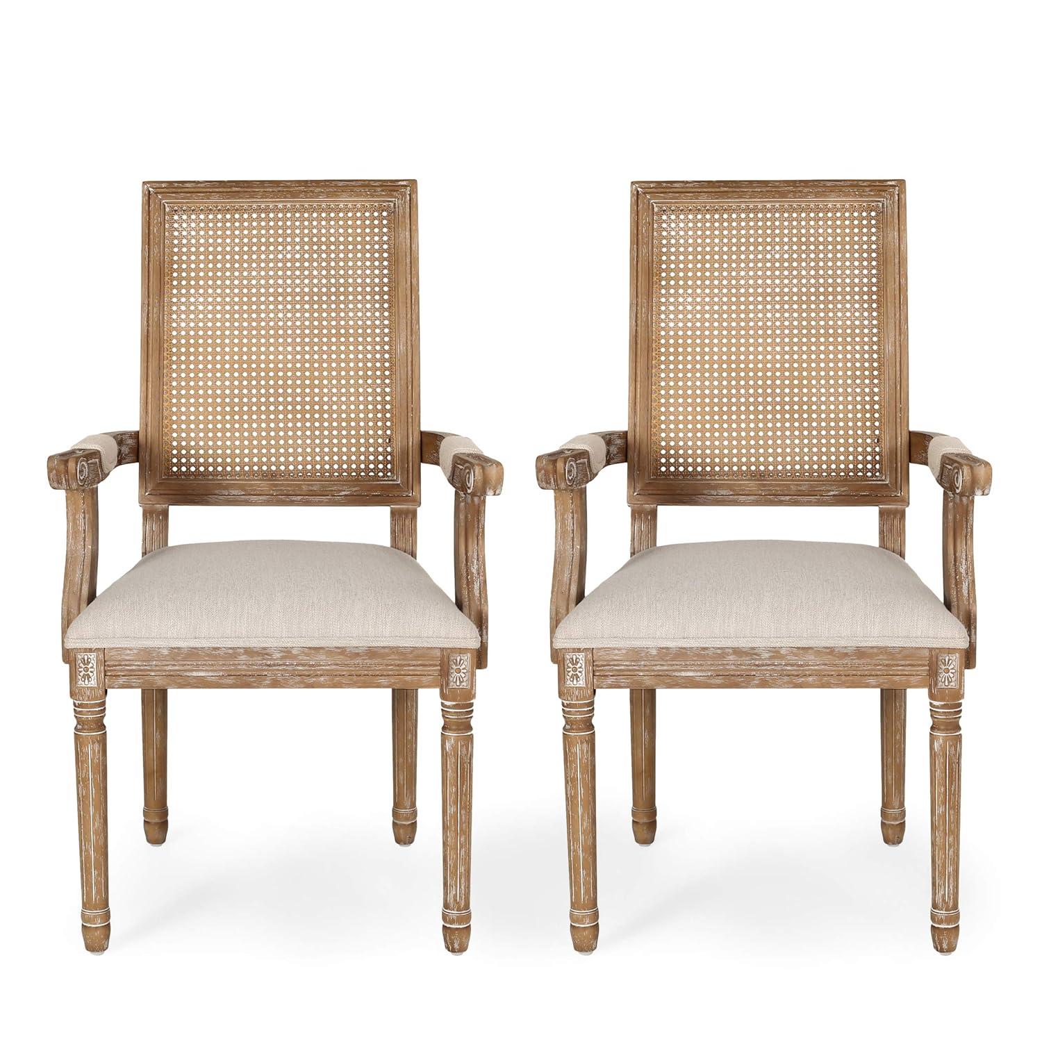 Light Gray Upholstered Arm Chair with Natural Cane and Wood Frame