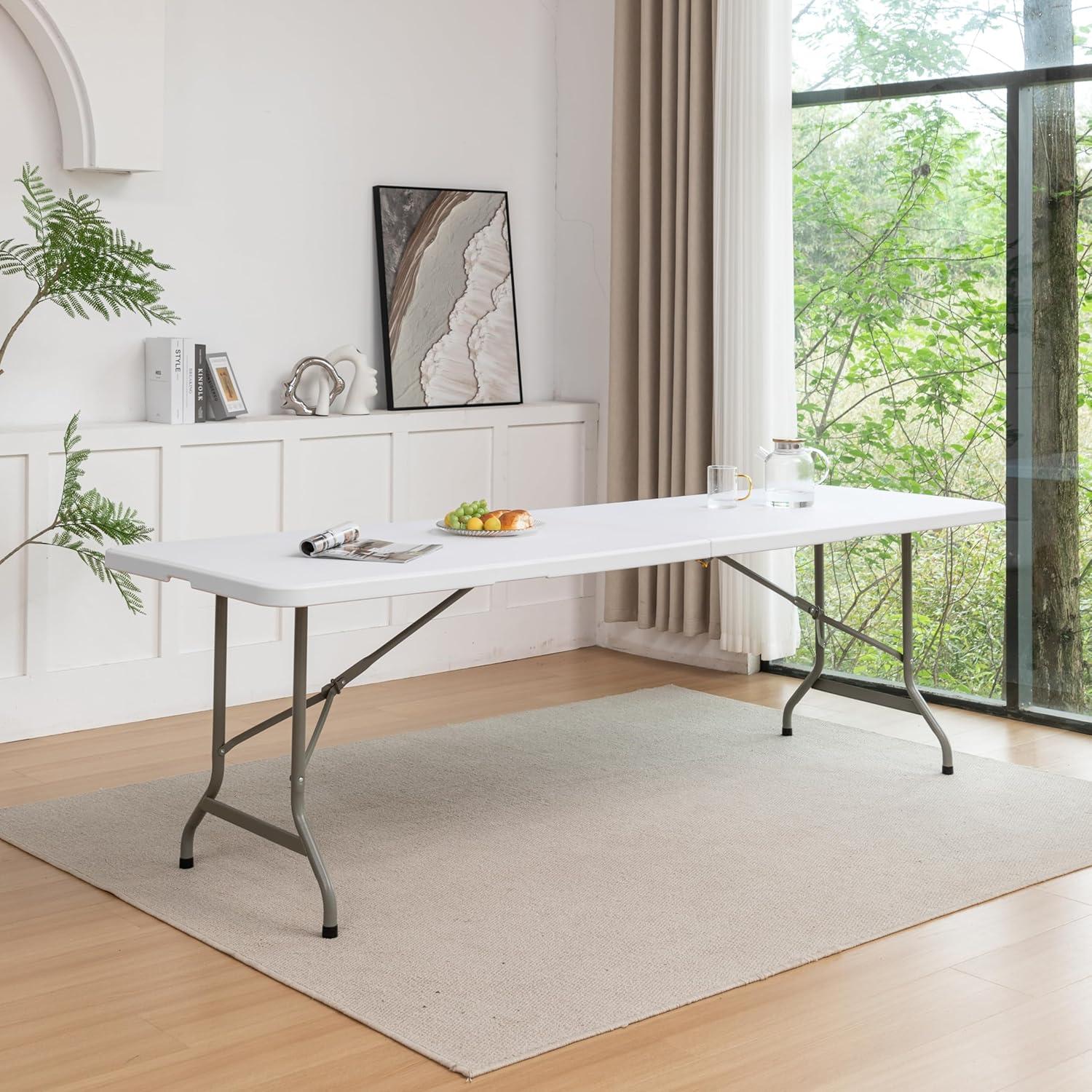 96" White Plastic Folding Table with Steel Frame for Indoor Outdoor Use