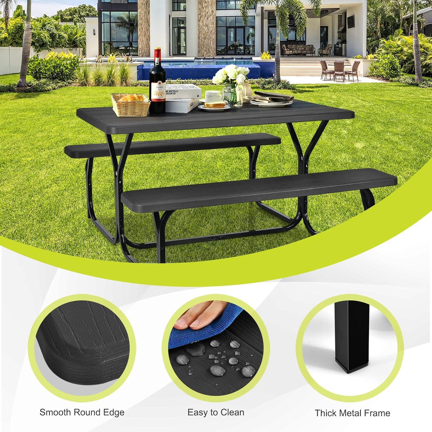 Costway Picnic Table Bench Set Outdoor Backyard Iron Patio Garden Party Dining All Weather Black