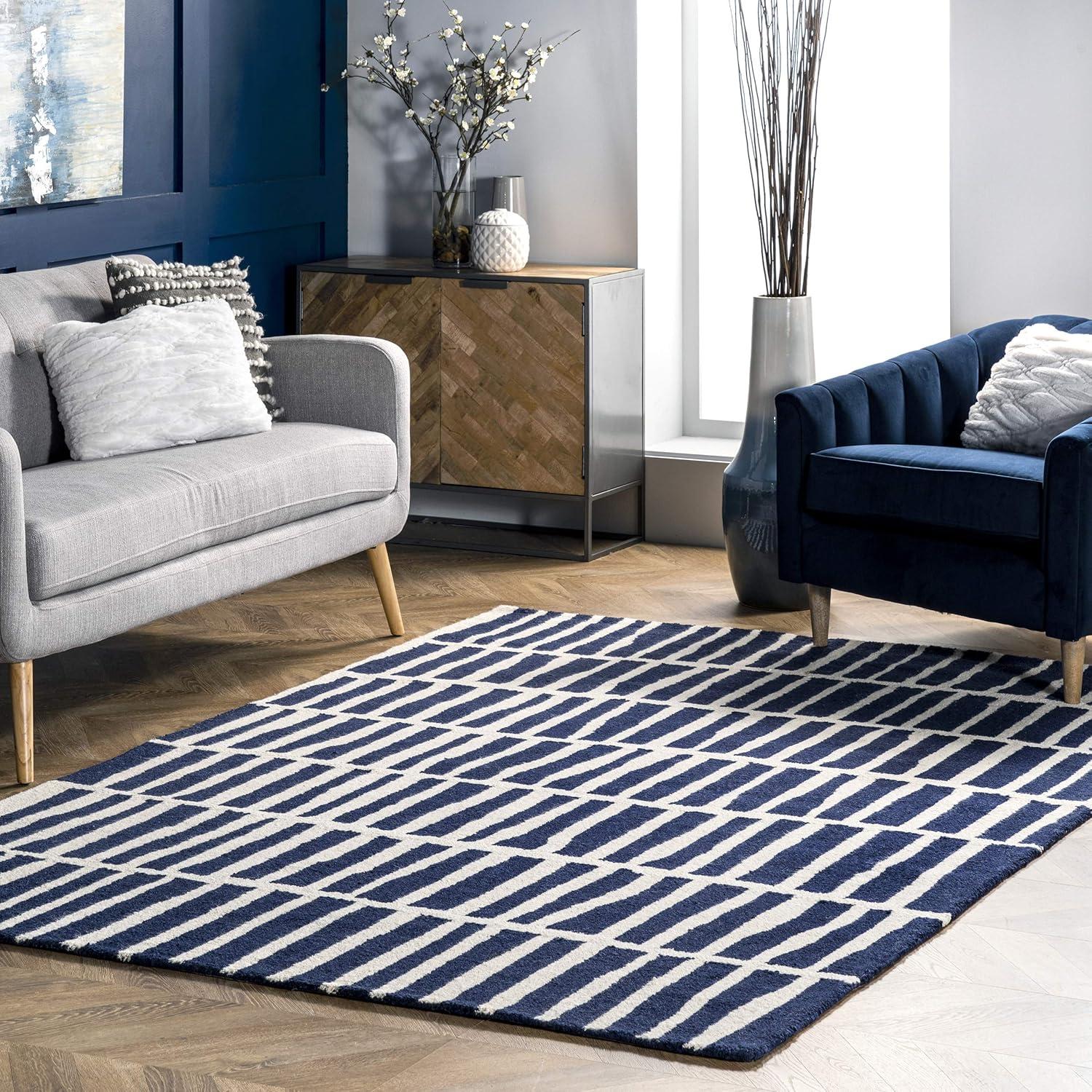 Artisan Navy Geometric Hand-Tufted Wool Area Rug, 6' x 9'