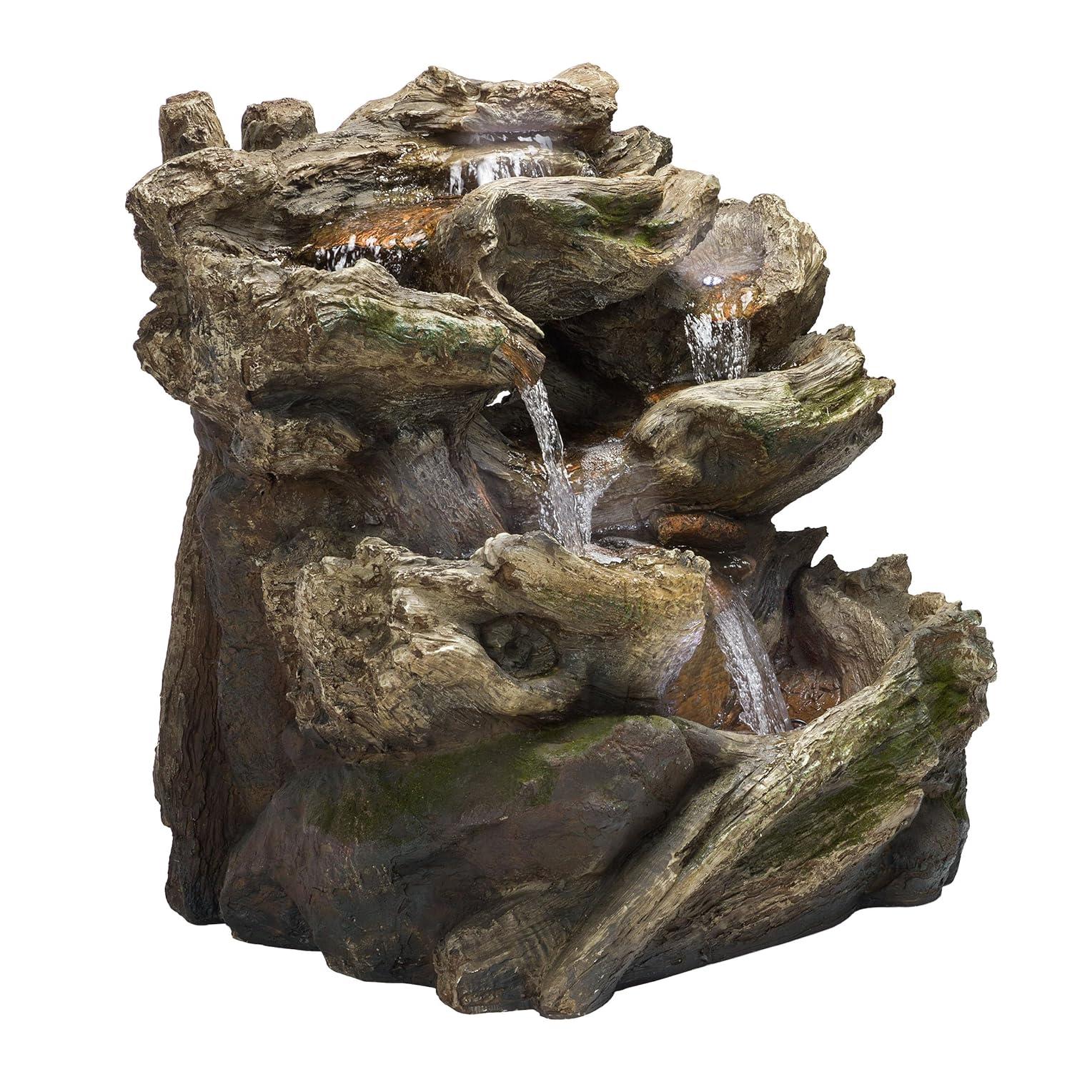 Alpine Corporation 40" x 23" x 30" Outdoor Polystone Light-Up Rainforest Plug-In Fountain, Brown