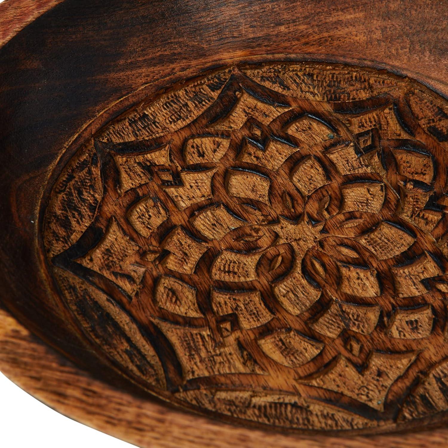 Creative Co-Op Boho Carved Wood Bowl with Interior Design, Natural, Burnt Finish