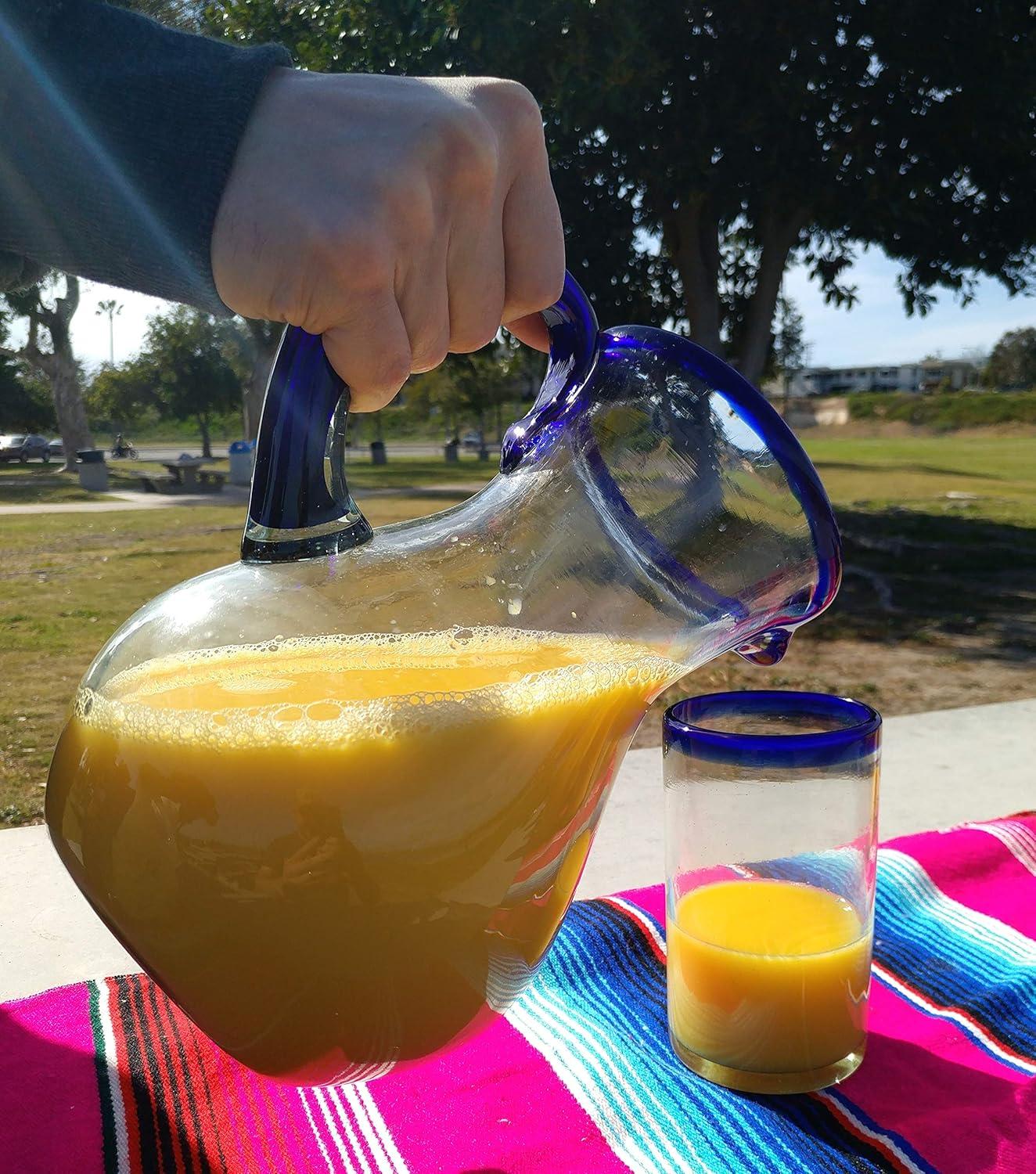 Dos Sueños Mexican Hand Blown  Pitcher - Blue Rim - 84oz -