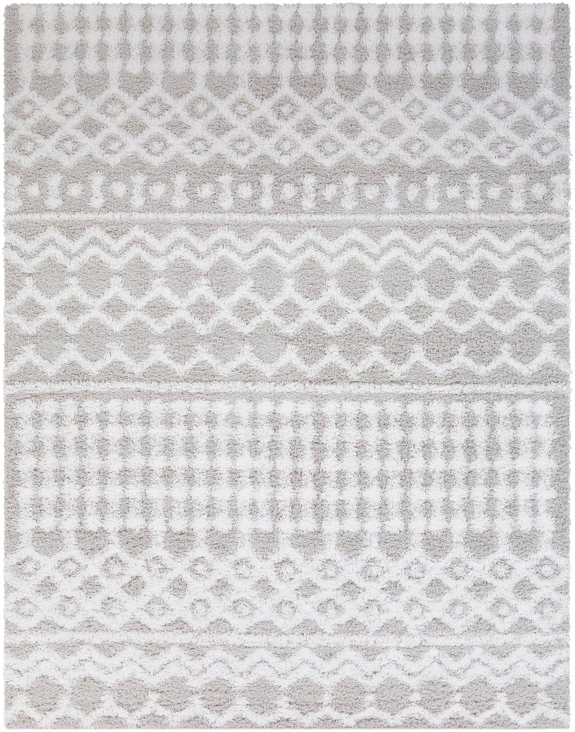 Large White and Light Gray Synthetic Shag Area Rug