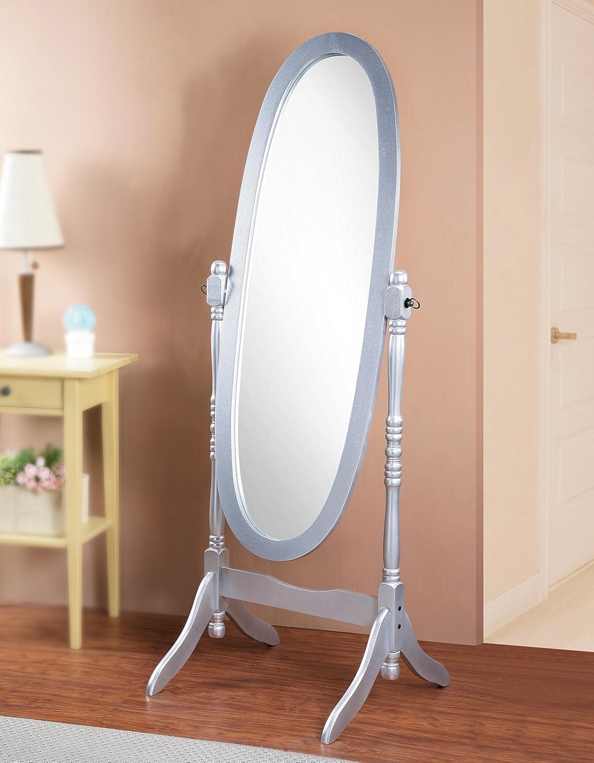 Roundhill Furniture Traditional Queen Anna Style Wood Floor Cheval Mirror Silver