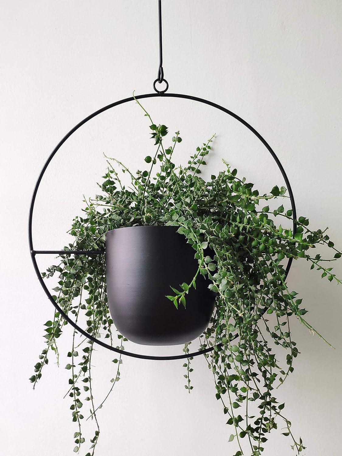 Black Metal Round Hanging Planter with Vertical Design