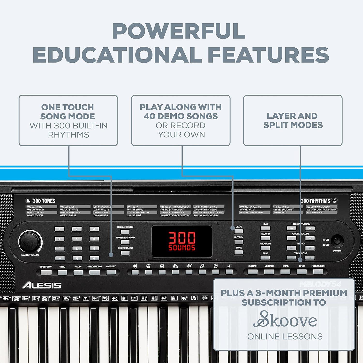 Alesis Melody 54 - Electric Keyboard Digital Piano with 54 Keys, Speakers, 300 Sounds, 300 Rhythms, 40 Songs, Microphone and Piano Lessons