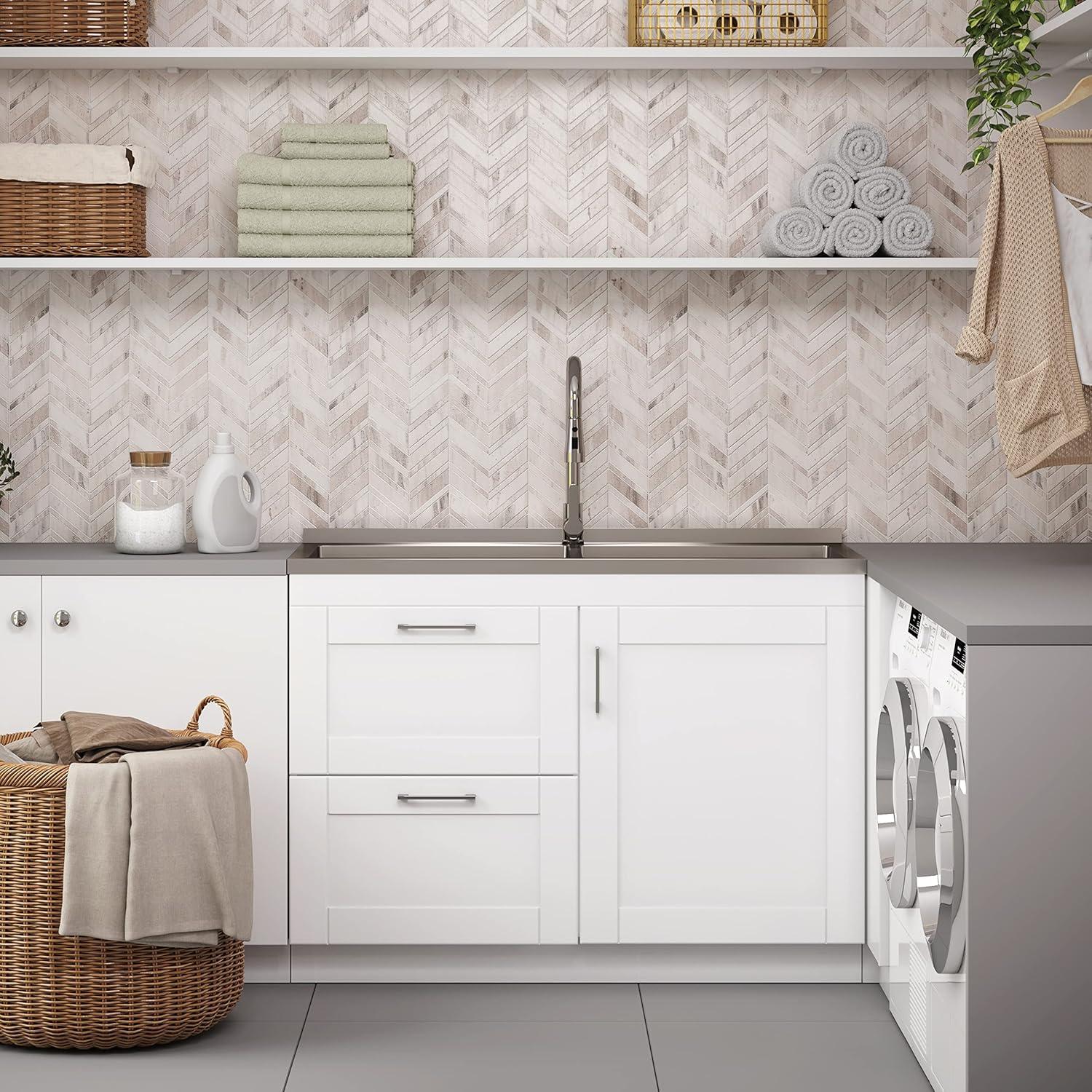 Modern Wide Shaker 46"W Utility Sink & Laundry Cabinet with High-Arc Facet and Stainless Steel Sink, White