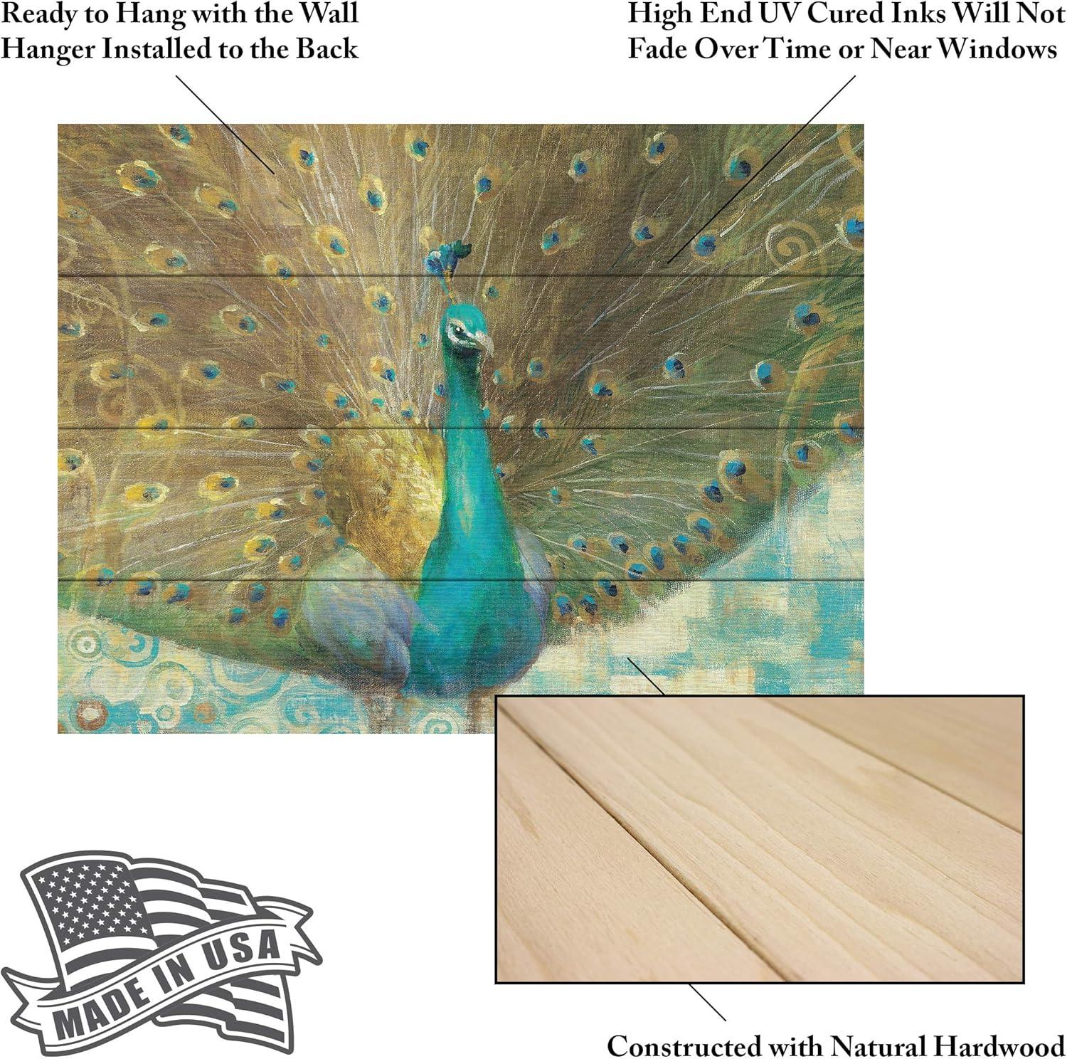 Trademark Fine Art -12"x16"  Danhui Nai 'Teal Peacock on Gold' Wood Slat Art