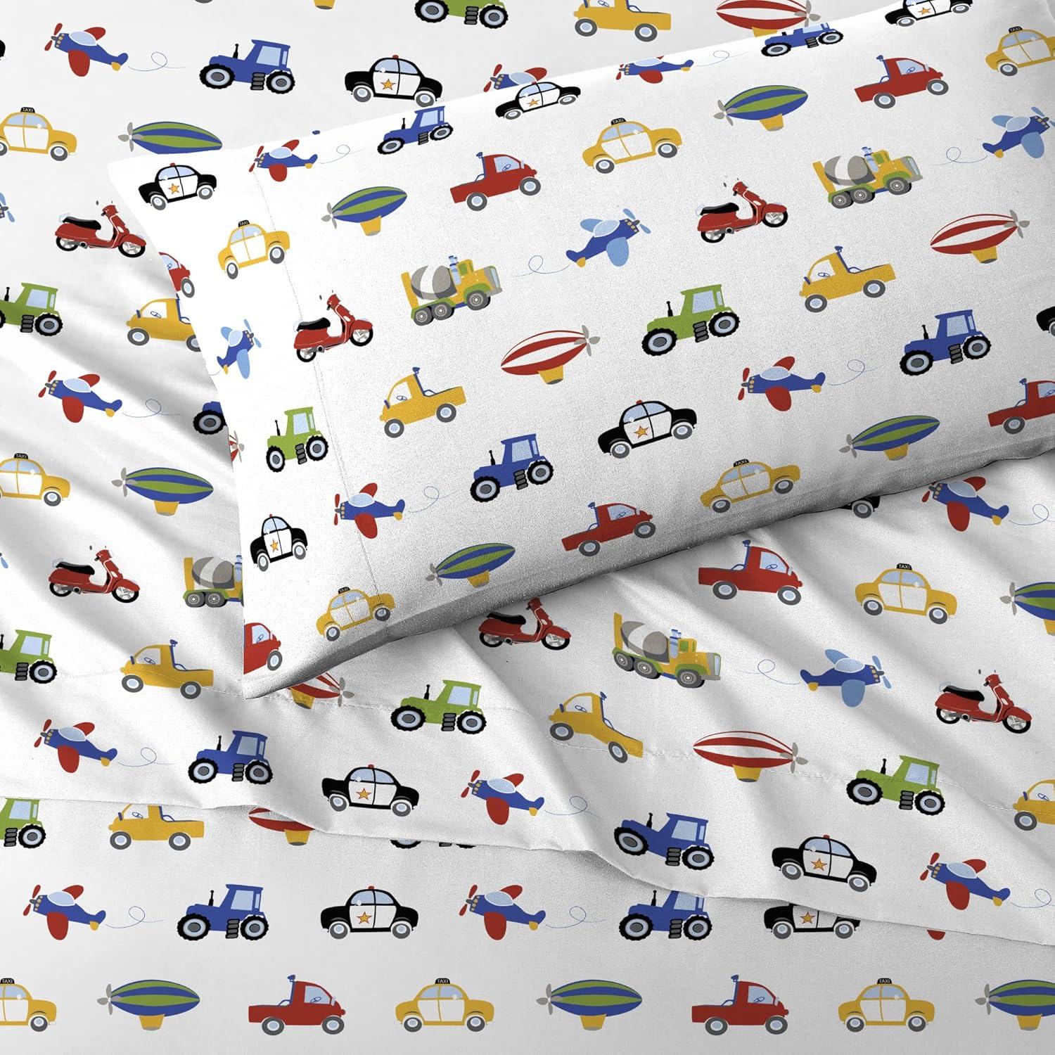 Twin Blue Microfiber Kids Vehicle Print Sheet Set