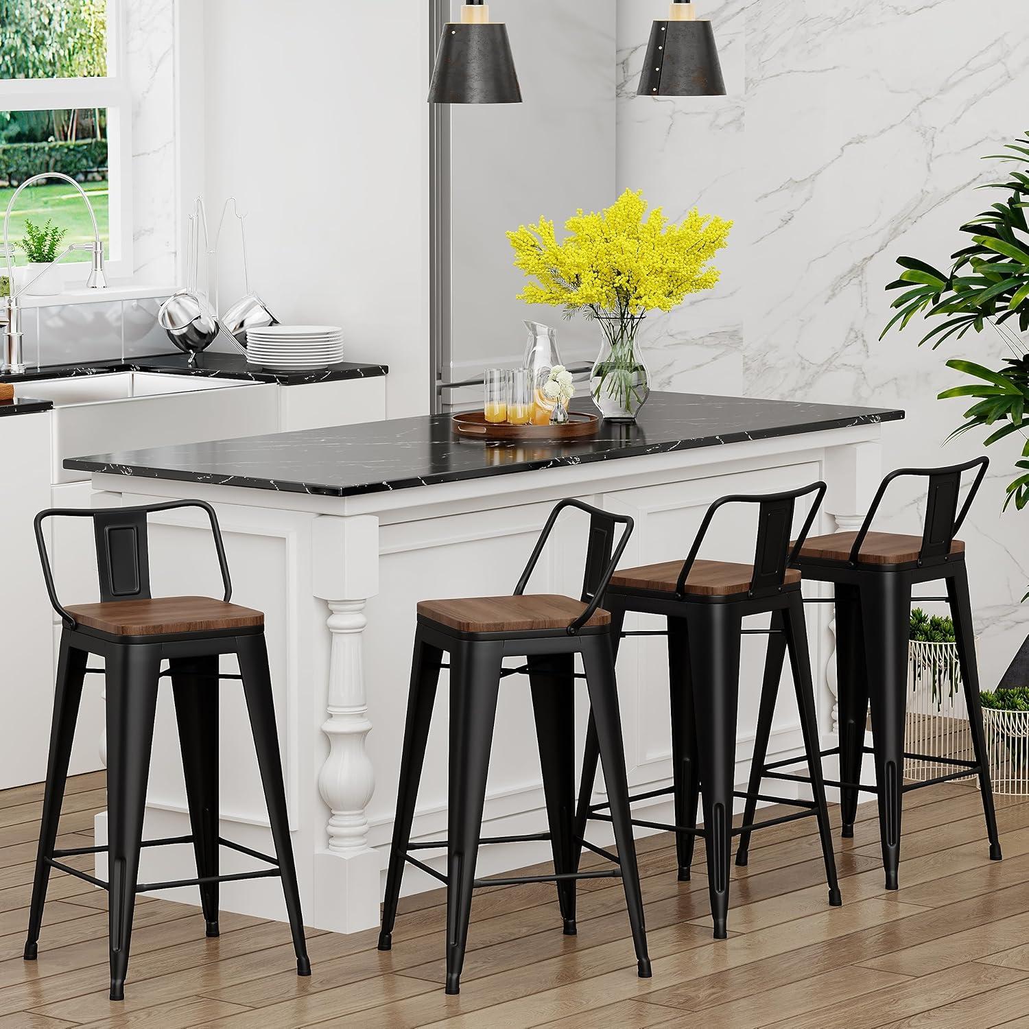 Killeryuki 24'' Metal Bar Stool 4PCS Low Back Conuter Stools for Indoor/Outdoor Barstools Metal Black Stools Bar Chairs w/Wooden Seat Metal Leg Industrial Counter Height Stools Black