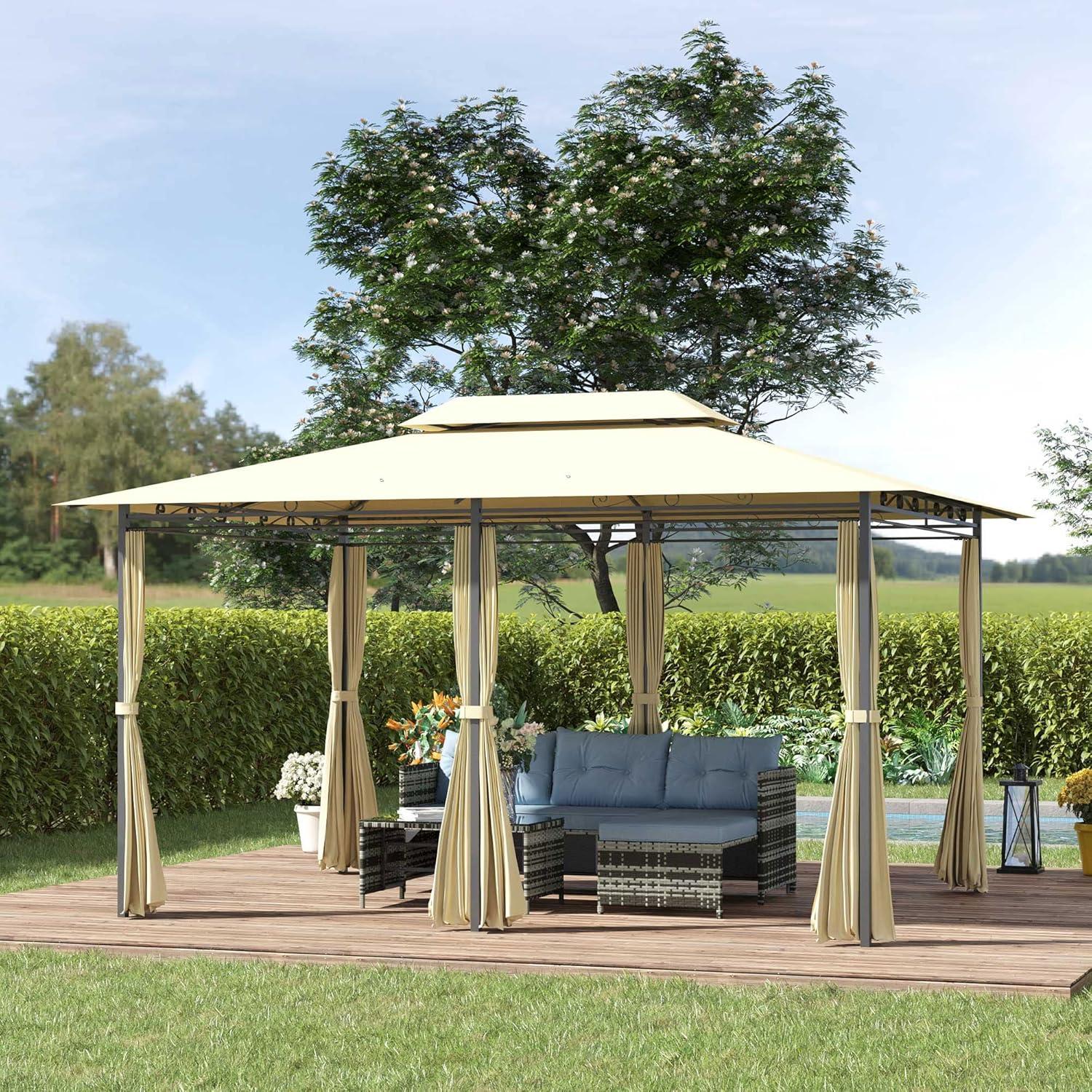 Cream White Steel Frame Patio Gazebo with Curtains