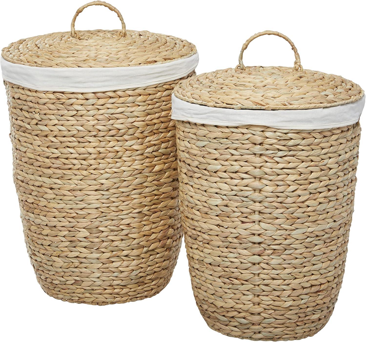 CosmoLiving by Cosmopolitan 23", 25"H Light Brown Seagrass Handmade Storage Basket with Liner and Matching Tops, 2-Pieces