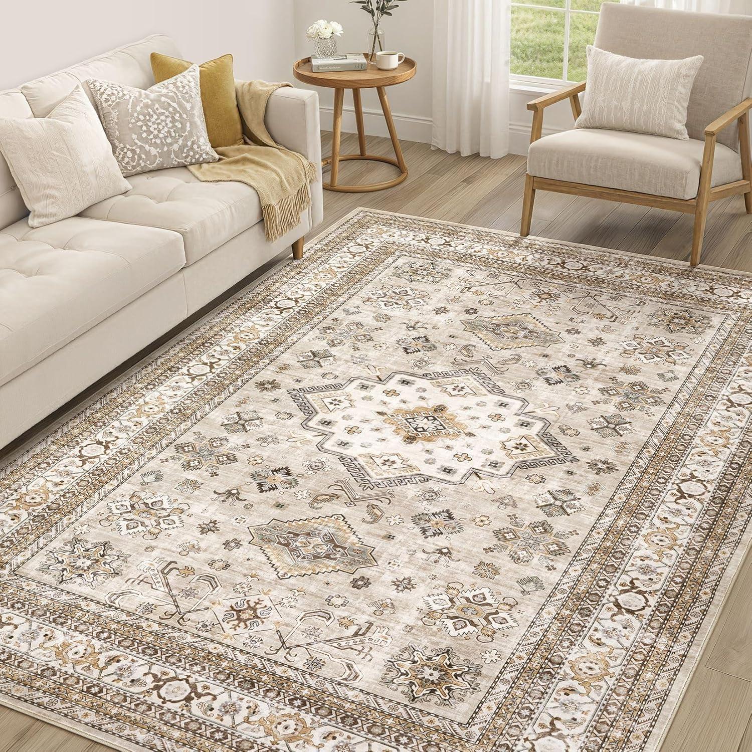 Beige Floral Synthetic Washable 5' x 7' Area Rug