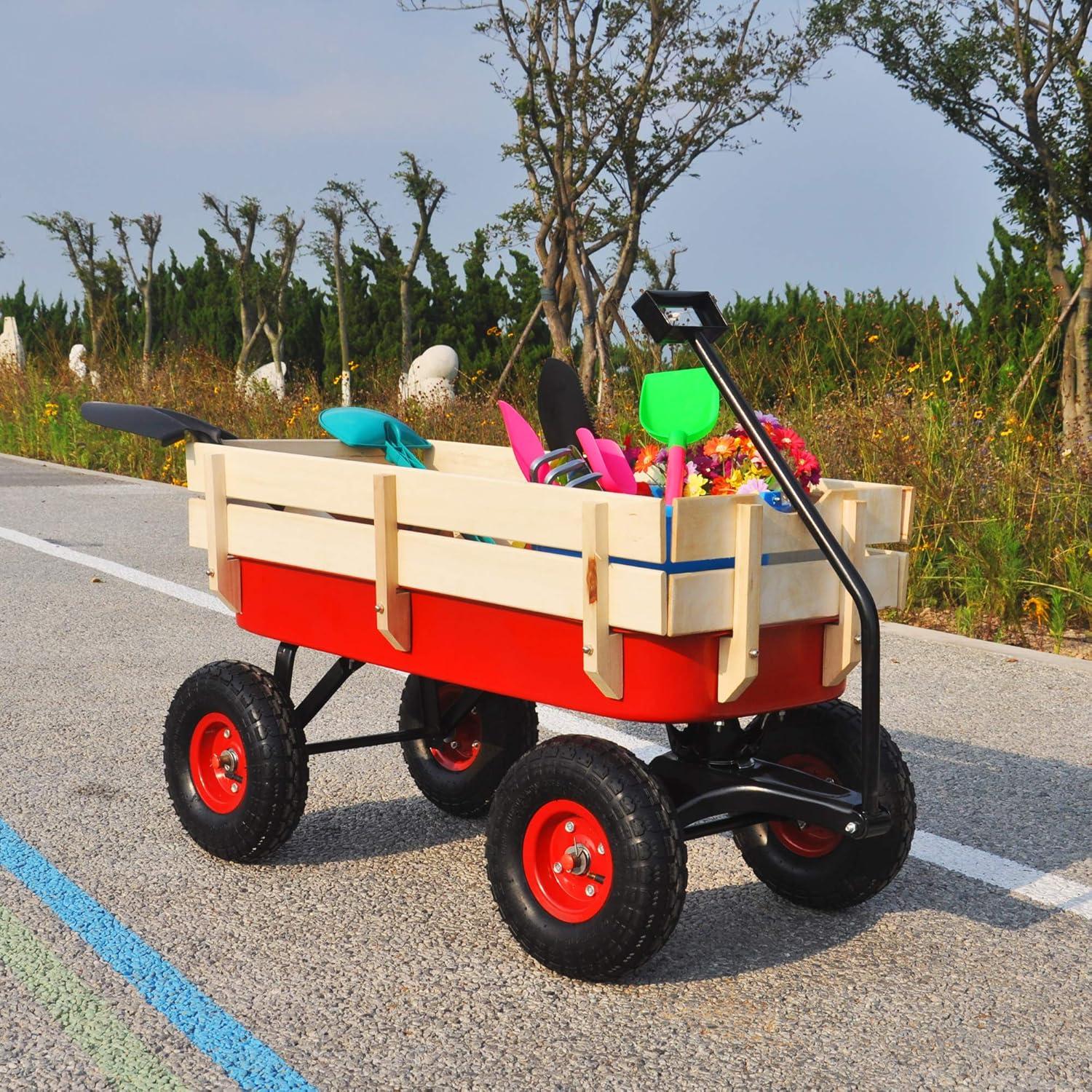 Red Iron Frame Outdoor Wagon with Wooden Panels