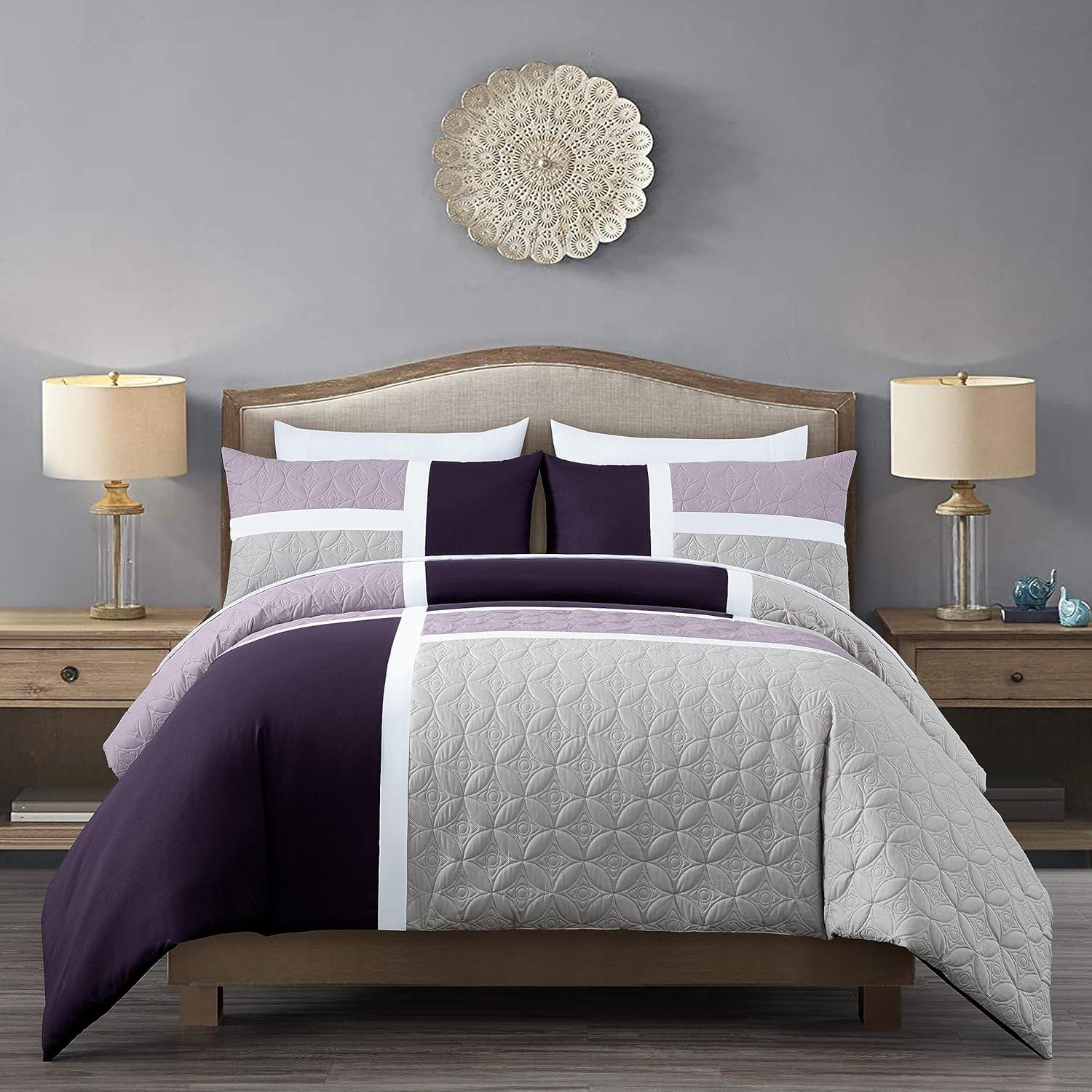 Chezmoi Collection Bernard 7-Piece Queen Bed in a Bag Comforter Set with Sheets, Lightweight Comforter Lavender Purple Gray Patchwork Quilted Medallion Bedding Set for All Season