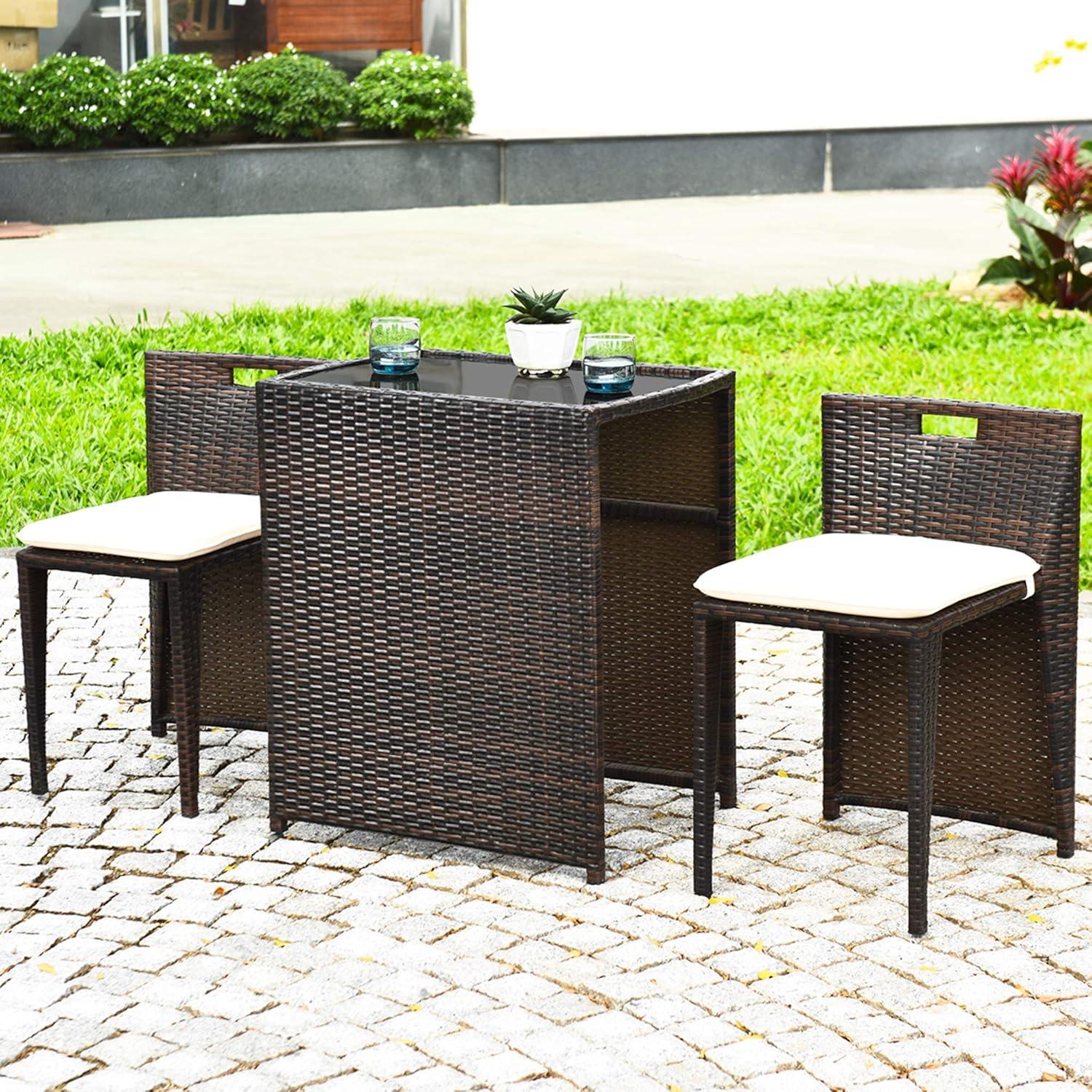 Tangkula 3 PCS Cushioned Wicker Patio Furniture Set Seat Sofa Outdoor No Assembly Brown