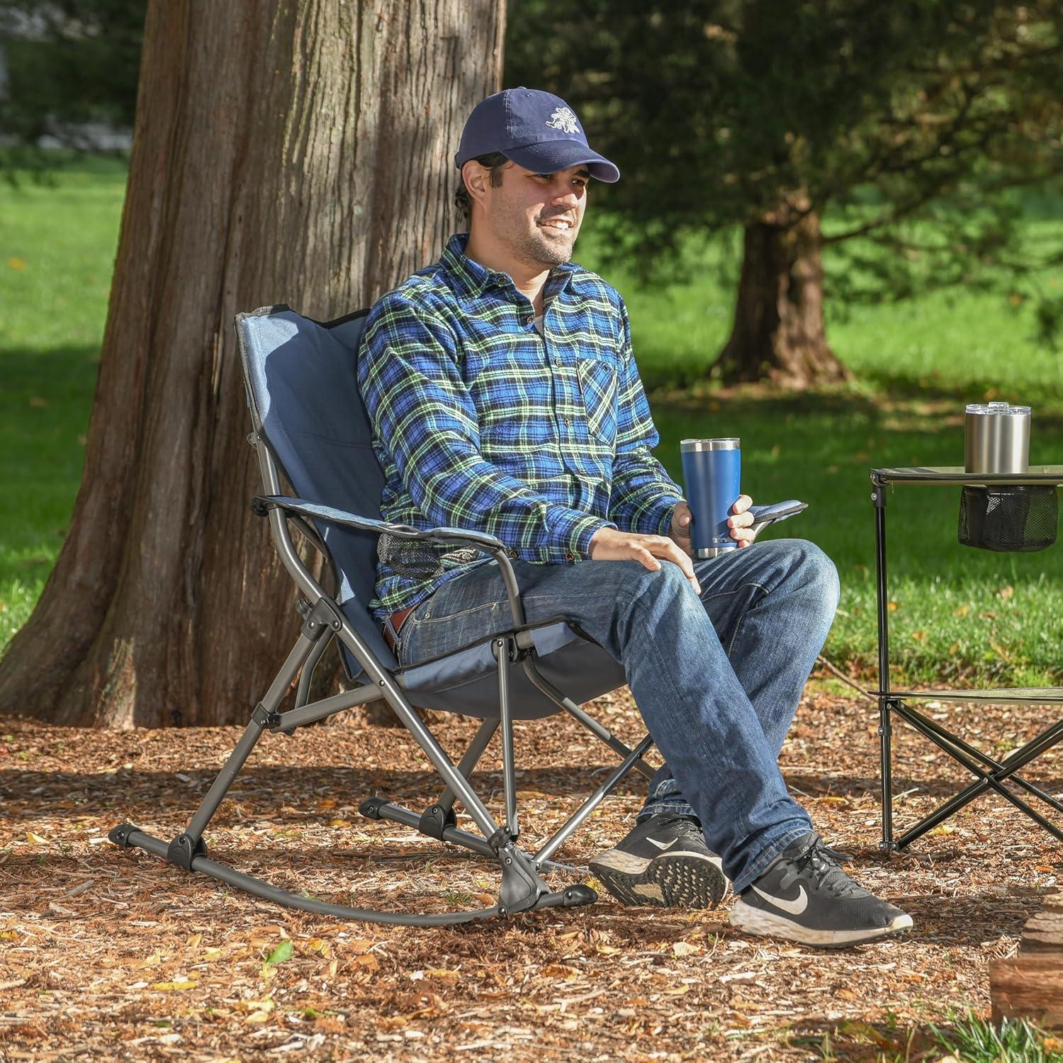 Gray PVC-Coated Fabric Quad Folding Rocking Chair with Arms