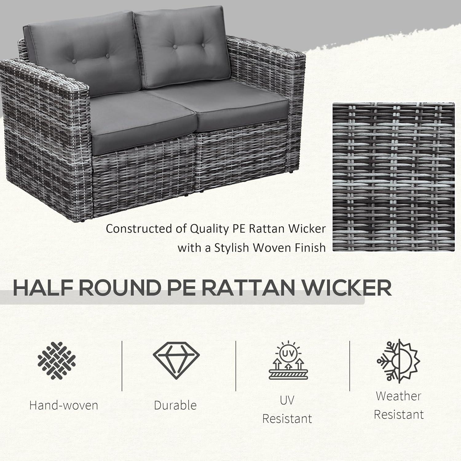 Outsunny 2 Piece Patio Wicker Corner Sofa Set, Outdoor PE Rattan Furniture, with Curved Armrests and Padded Cushions for Balcony, Gray