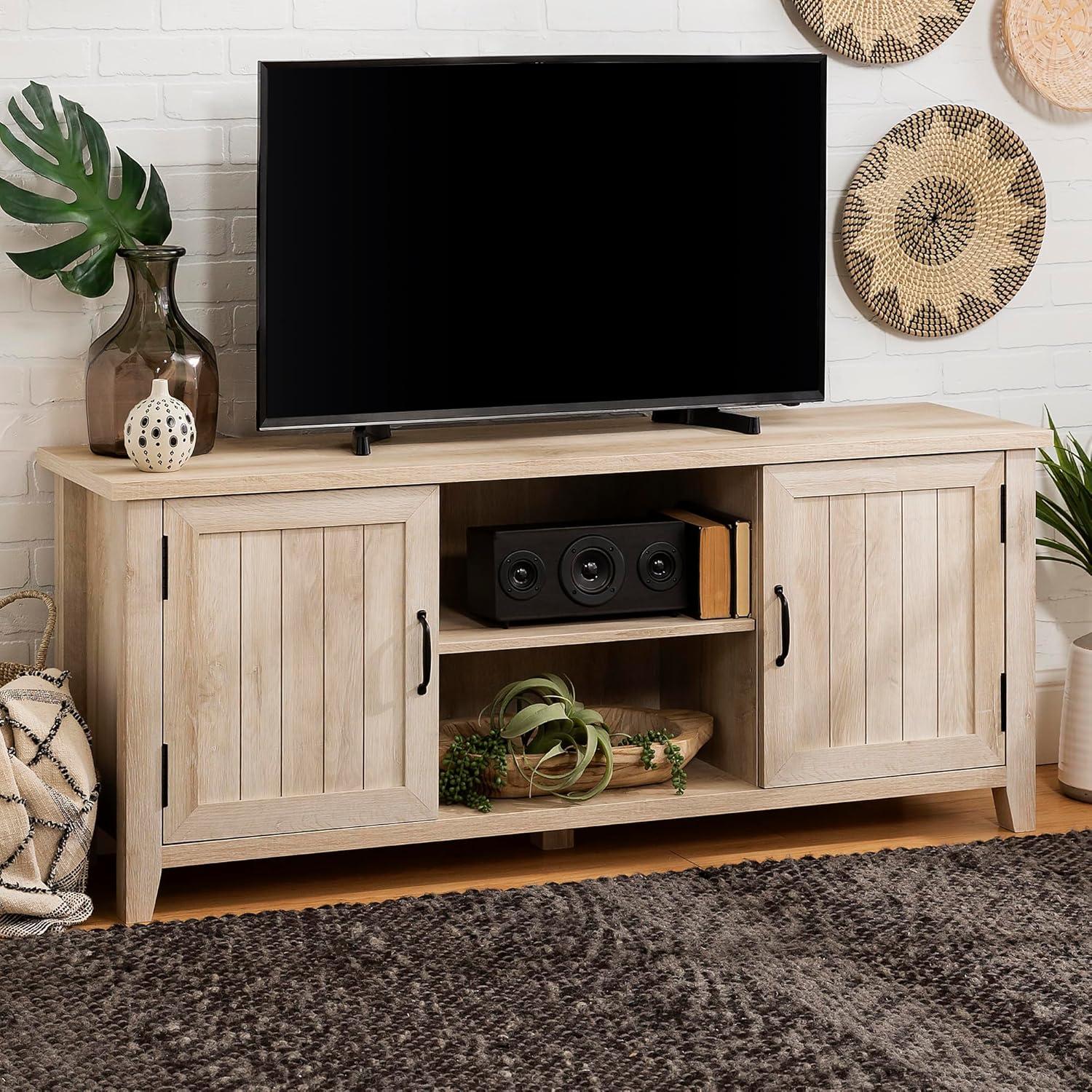 Transitional Grooved-Door 58" White Oak TV Stand with Cabinet