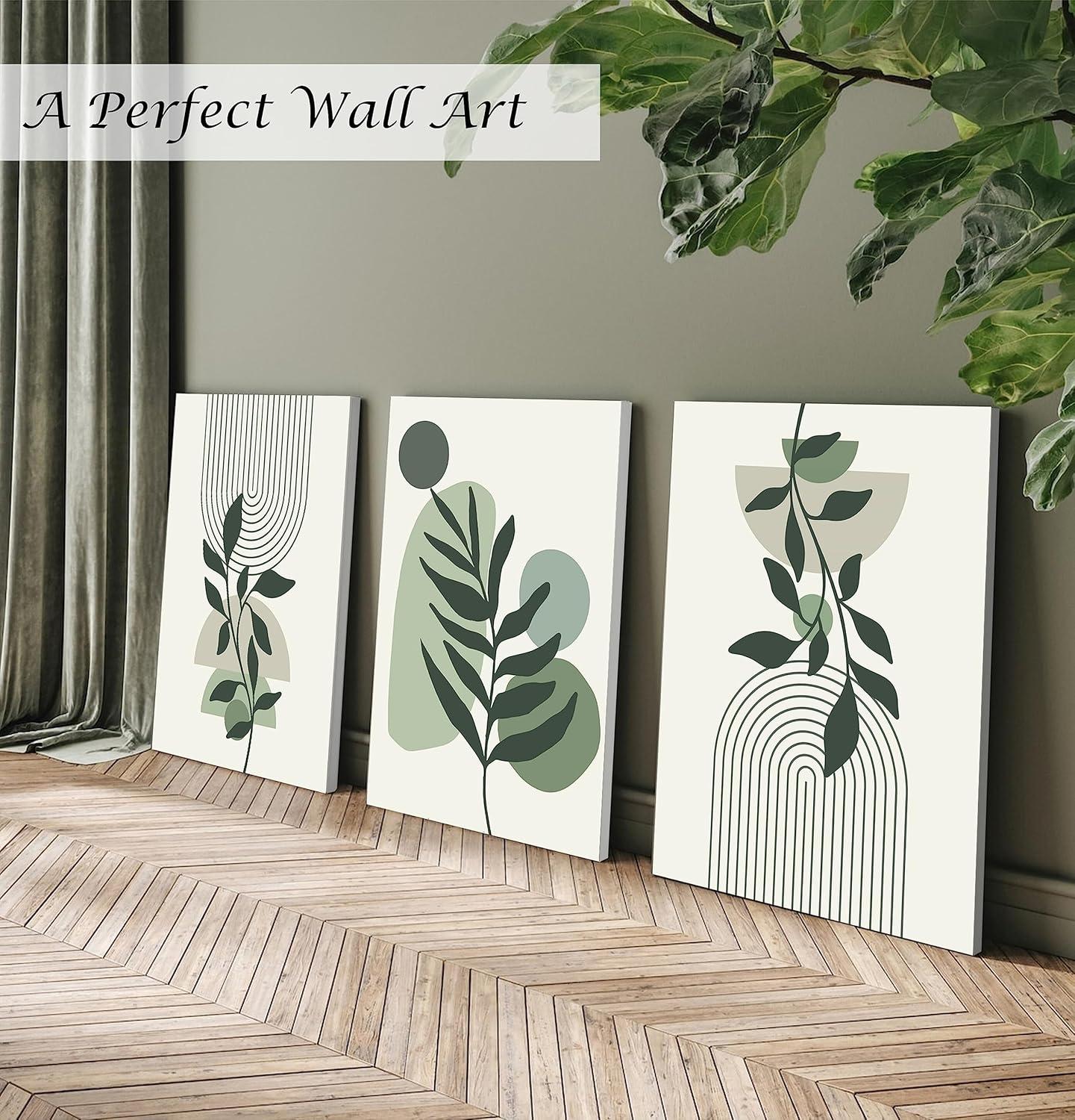 Large Framed Boho Canvas Wall Art Set of 3, Mid Century Modern room Decor, Minimalist Geometric Abstract Boho Bathroom wall art Canvas Prints Ready To Hang Bedroom decor (Sage Green,