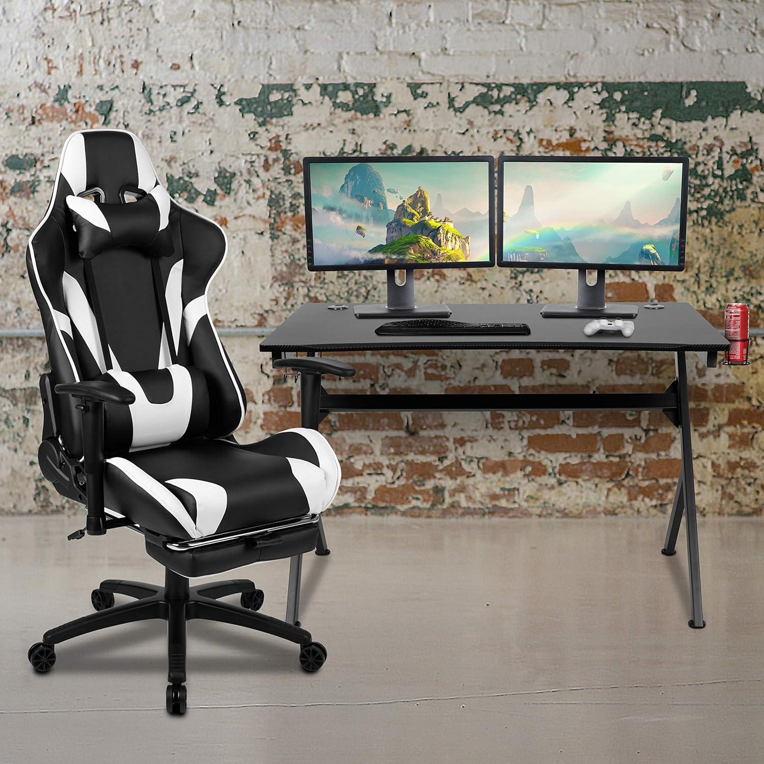 Flash Furniture Black Gaming Desk and Black Footrest Reclining Gaming Chair Set with Cup Holder, Headphone Hook & 2 Wire Management Holes