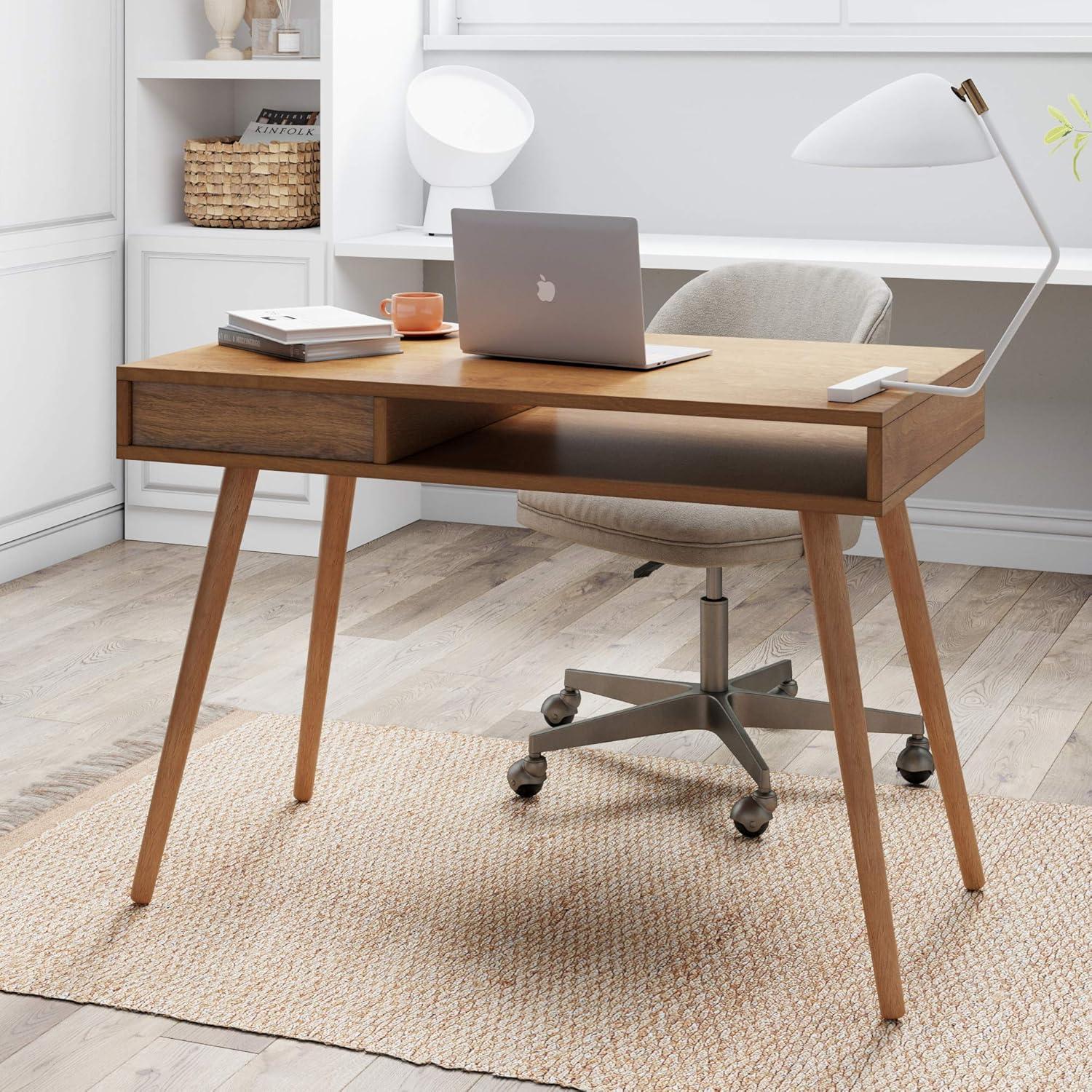 Nathan James Parker Mid-Century Desk with Drawer Acacia Light Brown: MDF Top, Solid Wood Legs, Home Office Furniture