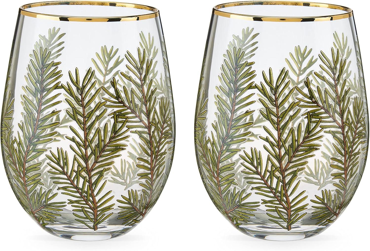 Winter Woodland Stemless Wine Glasses with Gold Rim, 16oz, Set of 2