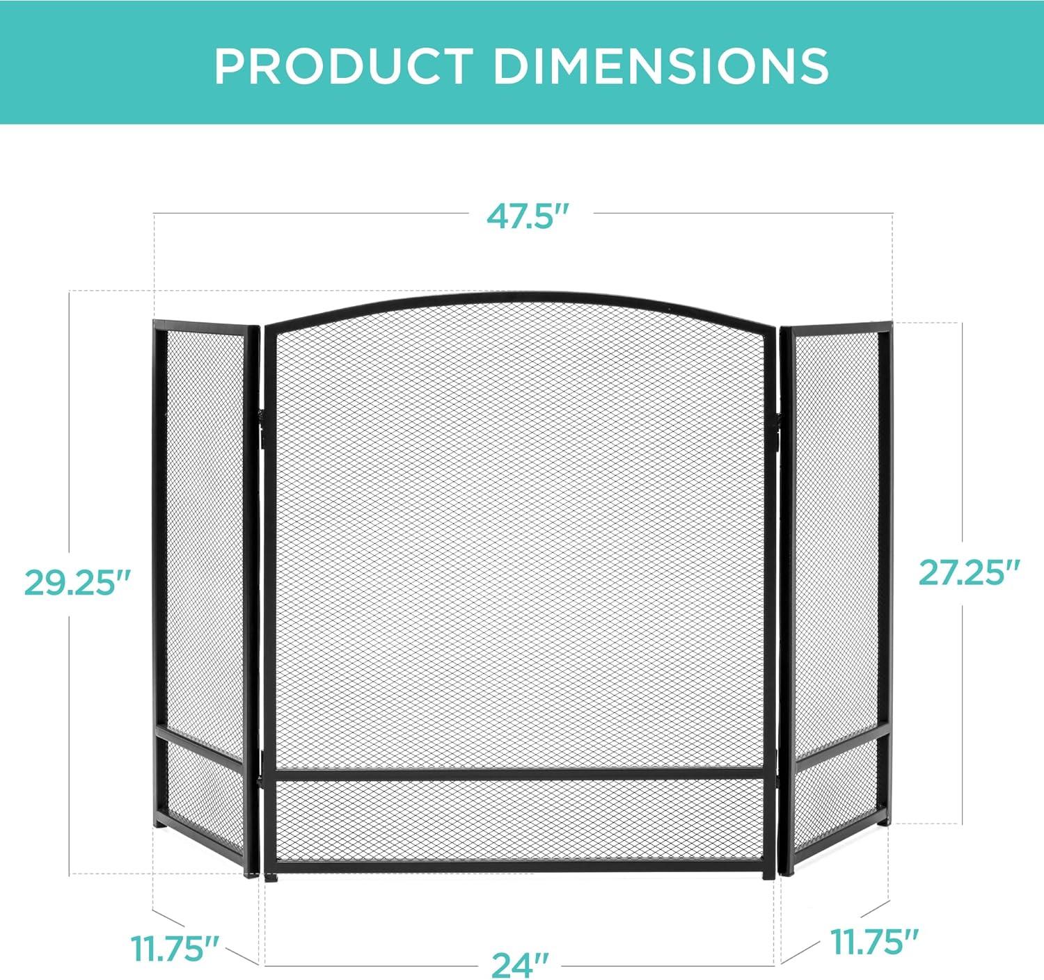 Black Three-Panel Steel Mesh Fireplace Screen