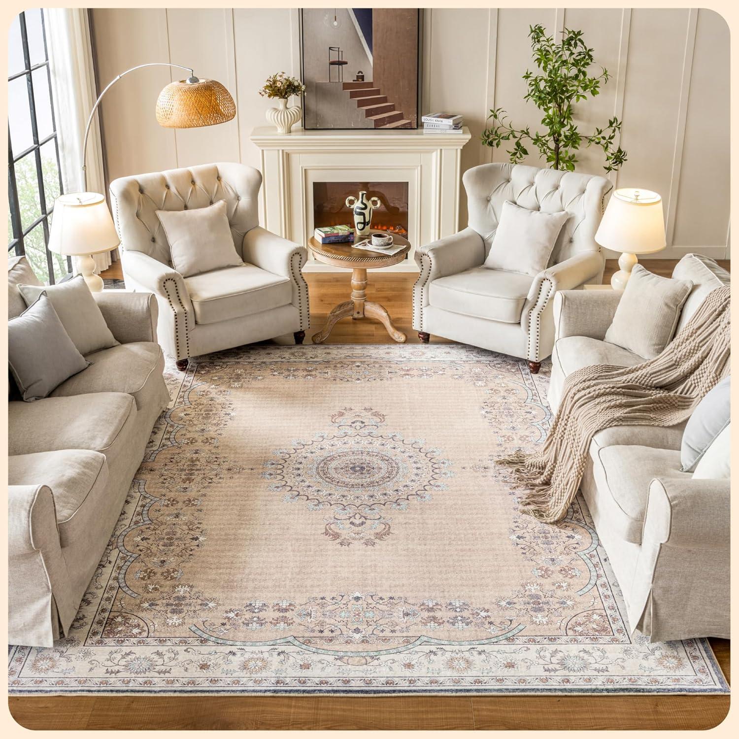 Istana Beige Area Rug 8x10, Machine Washable, Stain Resistant, Foldable, Non-Shedding, Farmhouse Rugs for Living Room, Eco-Friendly