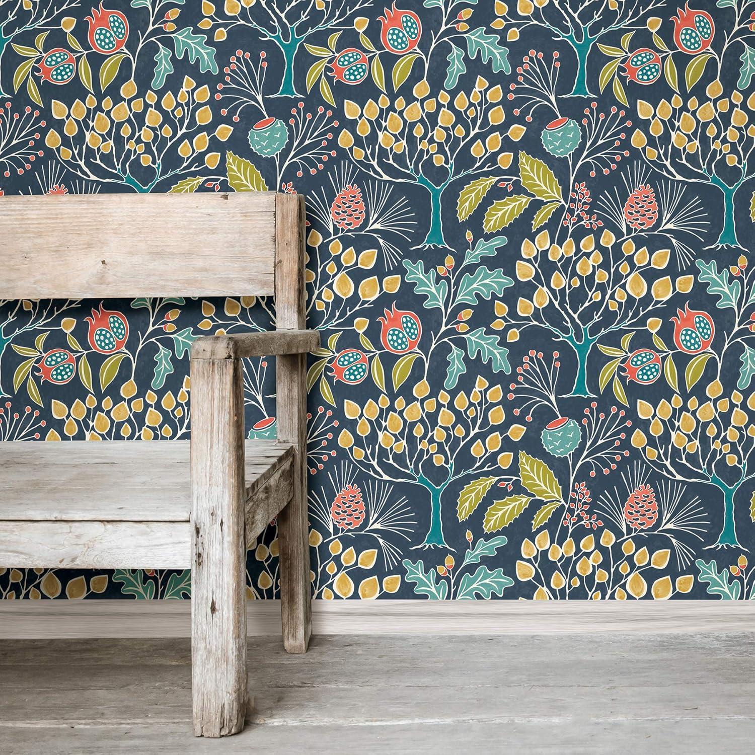 NuWallpaper Groovy Garden Navy Vinyl Peel And Stick Wallpaper, 216-in by 20.5-in, 30.75 sq. ft.