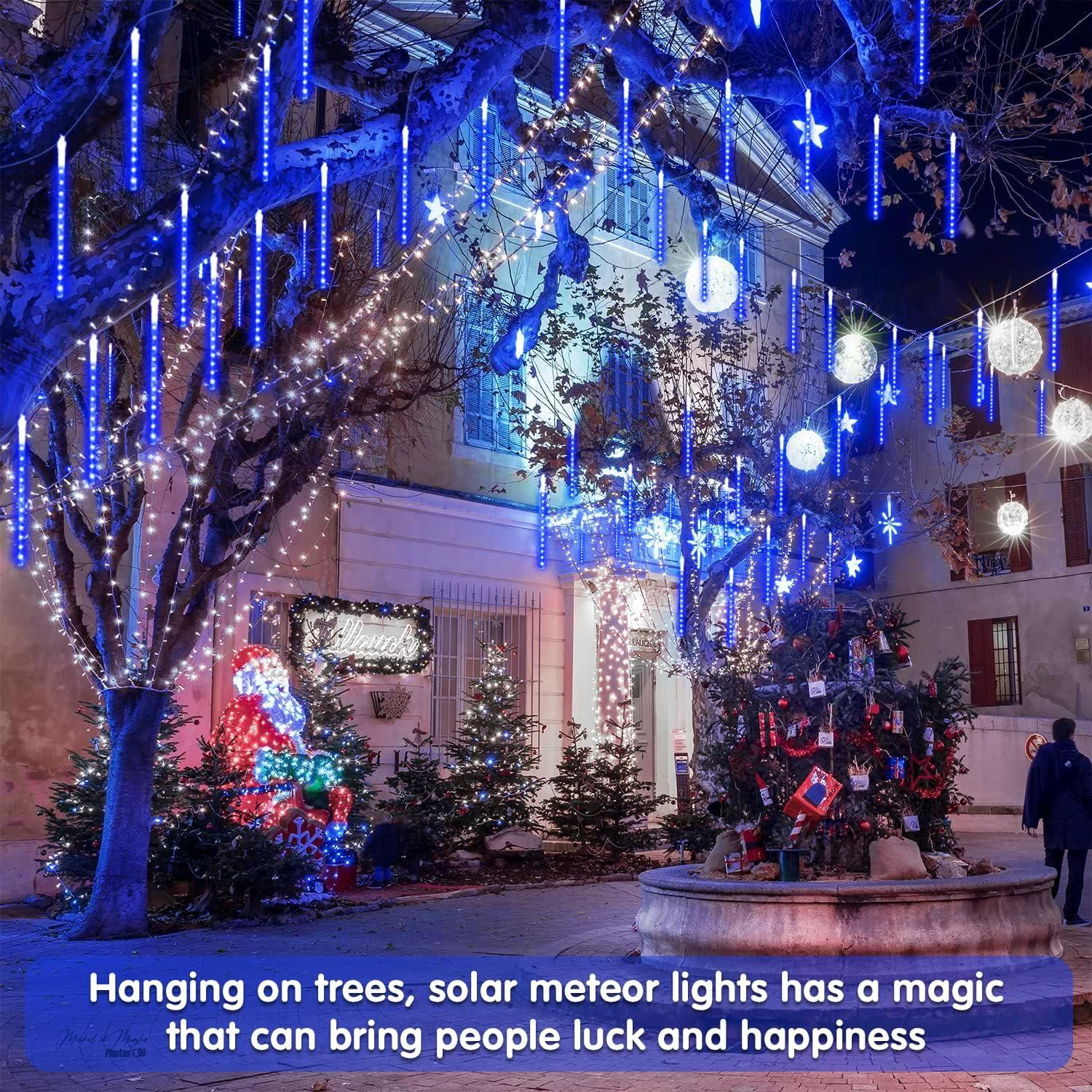 YZhouD 30cm 8-Tube 144 LED Warm White Solar Meteor Rain Lights - Falling Fairy String Lights for Xmas Tree, Wedding, Holiday Party Decor