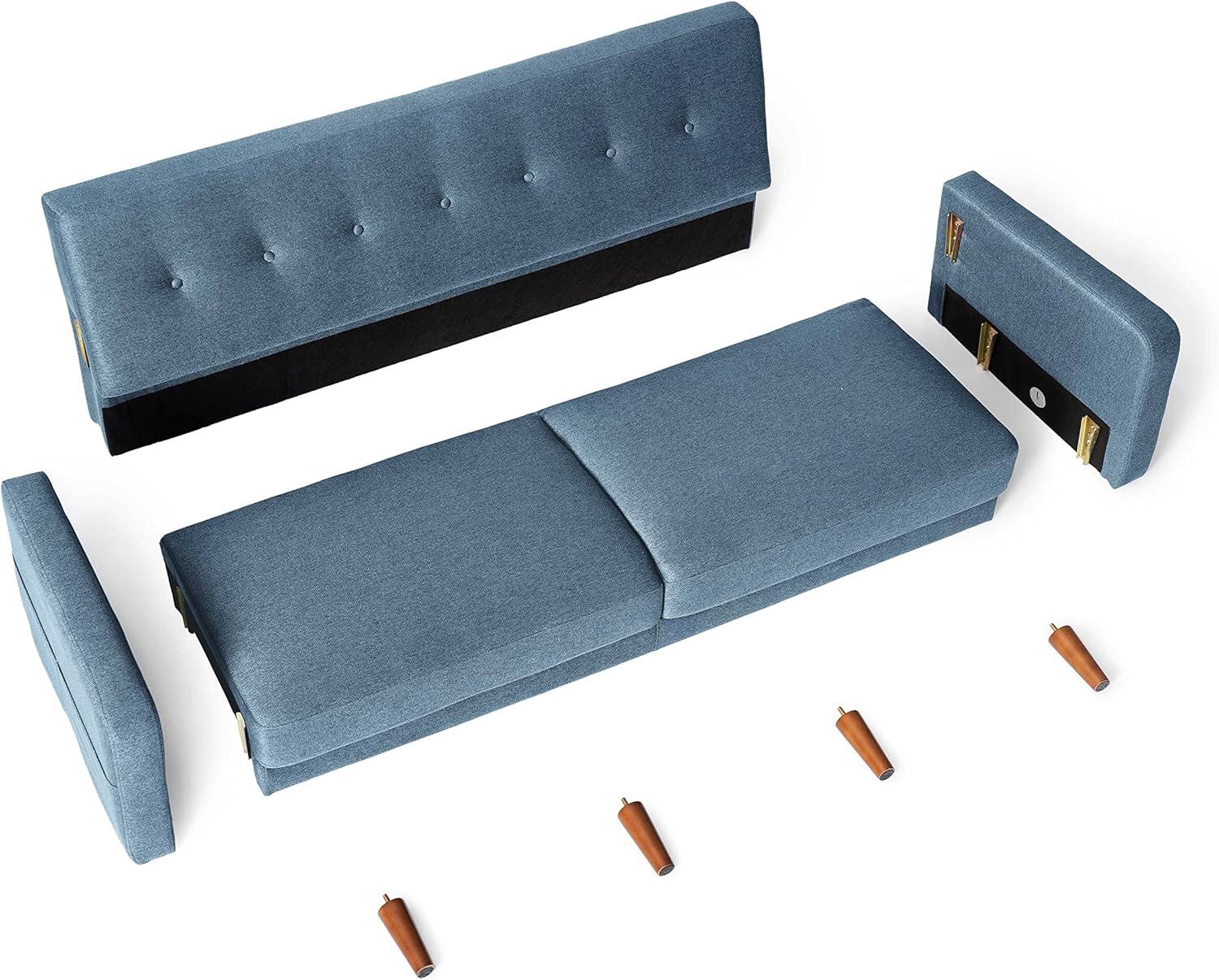 Heather Blue Tufted Linen Fabric Mid-Century Modern Sofa