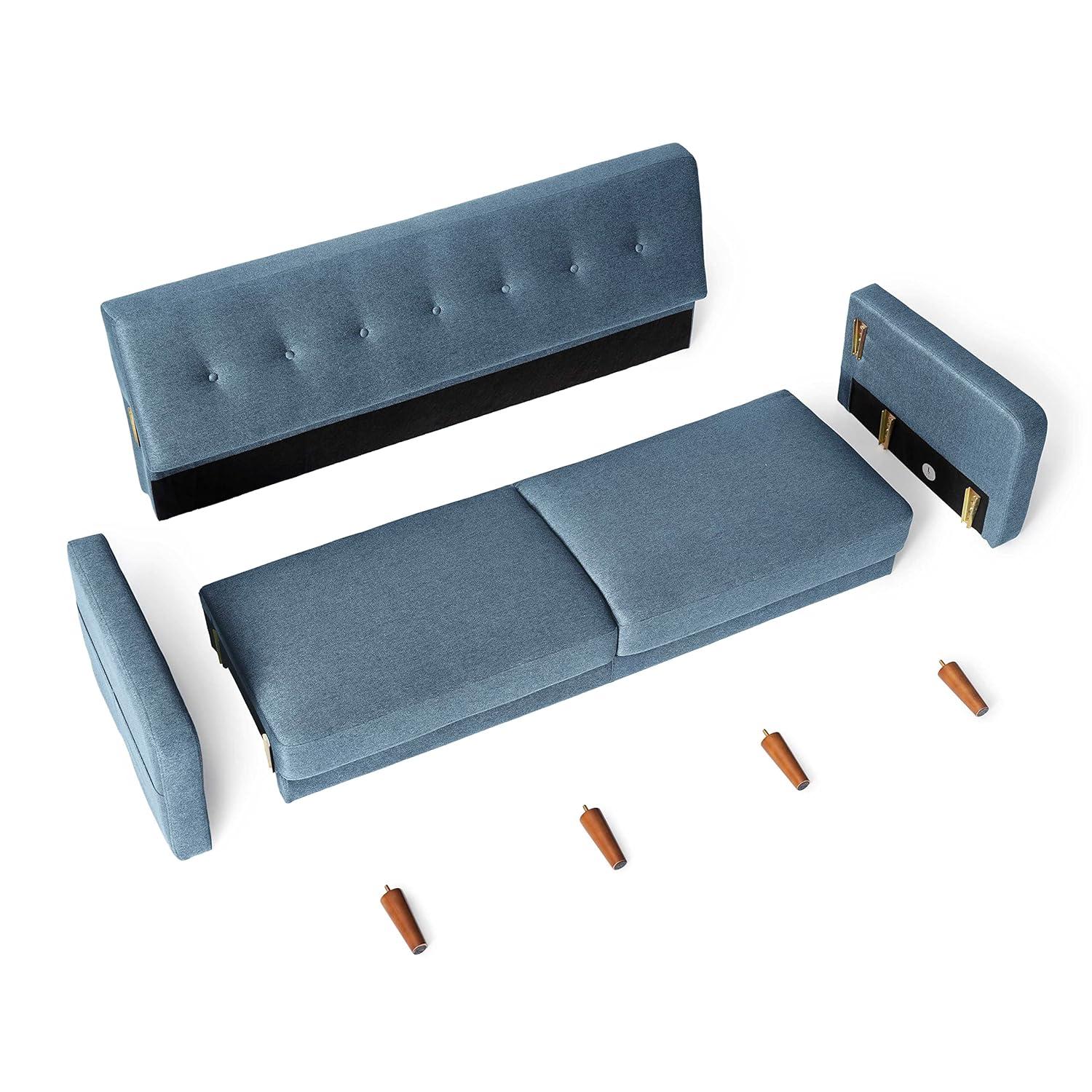 Mellow Adair Mid-Century Modern Sofa Couch with Armrest Pockets, Tufted Linen Fabric, Heather Blue