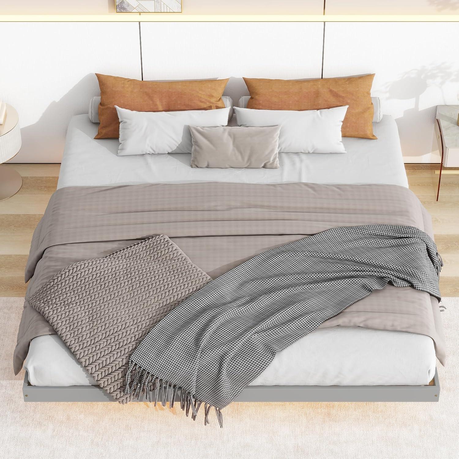 PAPROOS King Size Bed Frame, Wooden Floating Bed with LED Lights Underneath, Low Profile Basic Platform Bed, No Box Spring Needed, Gray